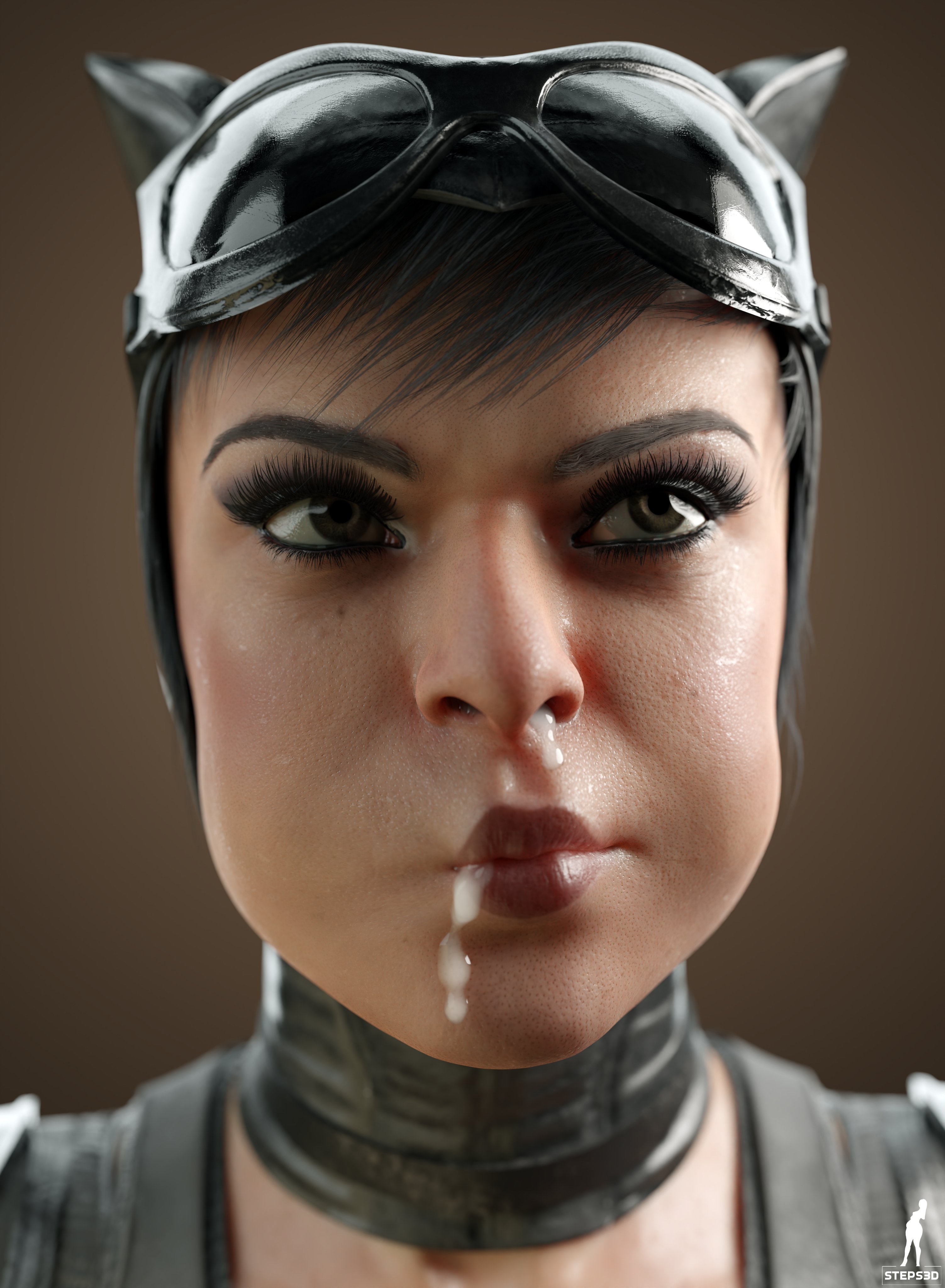 1girls, 3d, 3d (artwork), batman (series), black hair, blender, blender (software), blue eyes, catwoman, catwoman (injustice), cum, cum in mouth, cum in nose, cum inside, cum on face, cum slut, cum swallow, cute, dc, dc comics, enjoying, face closeup, female, female only, green eyes, injustice 2, netherrealm studios, seductive look, selina kyle, sensual, short hair, solo, steps3d, supervillainess, swallowing, swallowing cum, villainess