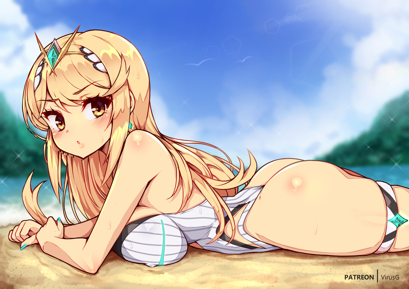 :o, ass, big ass, big breasts, blonde hair, blush, breast press, breasts, covered nipples, cowboy shot, earrings, female, jewelry, large breasts, long hair, looking at viewer, lying, mythra, mythra (radiant beach) (xenoblade), on stomach, outdoors, sideboob, skindentation, swimsuit, the pose, tiara, virus-g, xenoblade chronicles (series), xenoblade chronicles 2, yellow eyes