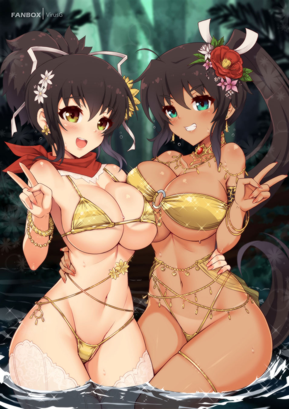 2girls arm_around_back artist_name asuka_(senran_kagura) asymmetrical_docking bare_shoulders bikini black_hair breast_press breasts brooch cleavage cowboy_shot diffraction_spikes earrings flower gold_bikini green_eyes grin groin hair_flower hair_ornament highleg highleg_bikini highres homura_(senran_kagura) jewelry jungle large_breasts linea_alba looking_at_viewer micro_bikini multiple_girls nature navel neckerchief o-ring o-ring_bikini open_mouth ponytail senran_kagura shiny shiny_clothes sidelocks smile sparkle strap_gap strapless strapless_bikini swimsuit tan thighhighs v virus-g wading water wet white_legwear wide_hips yellow_eyes