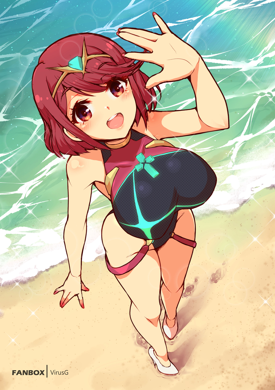 1girls :d alternate_footwear bangs beach bikini black_swimsuit breasts chest_jewel competition_swimsuit covered_collarbone covered_navel fanbox_username female from_above gem headpiece high_heels highres large_breasts looking_at_viewer neon_trim one-piece_swimsuit pyra pyra_(pro_swimmer)_(xenoblade) red_eyes red_hair red_swimsuit ribbed_swimsuit short_hair smile solo strapless strapless_swimsuit swept_bangs swimsuit tiara two-tone_swimsuit virus-g white_footwear xenoblade_chronicles_(series) xenoblade_chronicles_2