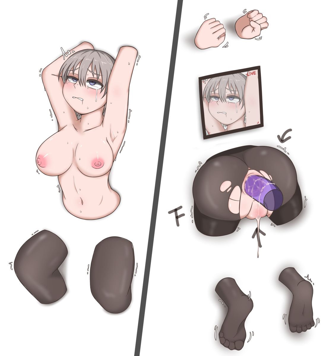 anal, big breasts, breasts, camera view, crying with eyes open, dildo, female, rape, ripped leggings, sex toy, stuck, stuck in wall, through wall, trembling, uzaki hana, uzaki-chan wa asobitai!