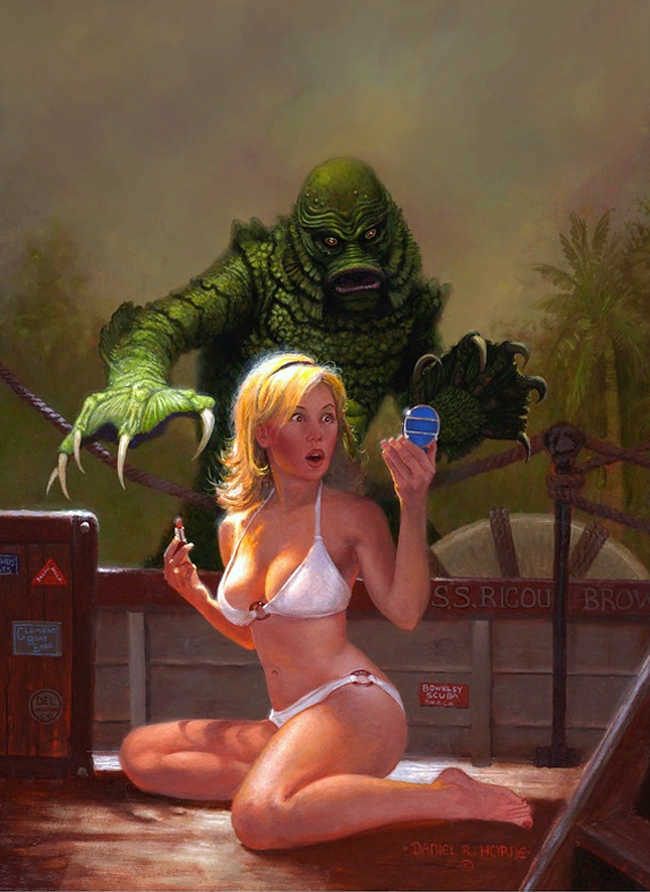 1boy 1girls amphibian amphibian_humanoid bikini blonde_hair creature_from_the_black_lagoon female fish_humanoid fishman full_body gill-man outdoors yokozuwari