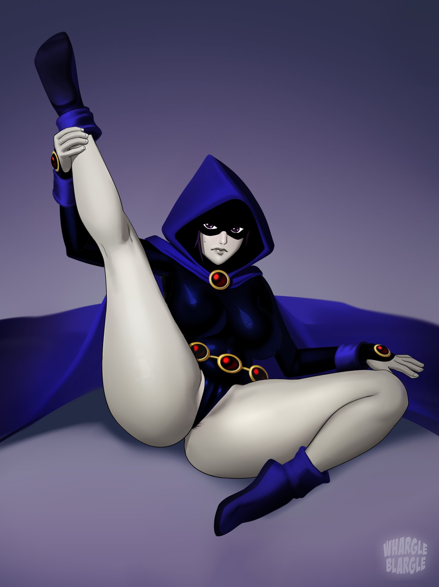 1girls 2020 alternate_version_available anus_peek artist_name ass big_ass big_butt breasts cambion cameltoe cartoon_network cloak clothed clothing dc dc_comics demon_girl female female_only holding_leg hood humanoid large_ass large_breasts leg_up leotard pale-skinned_female pale_skin purple_eyes purple_hair rachel_roth raven_(dc) smooth_skin solo solo_female superheroine sweatdrop teen_titans thick_thighs whargleblargle