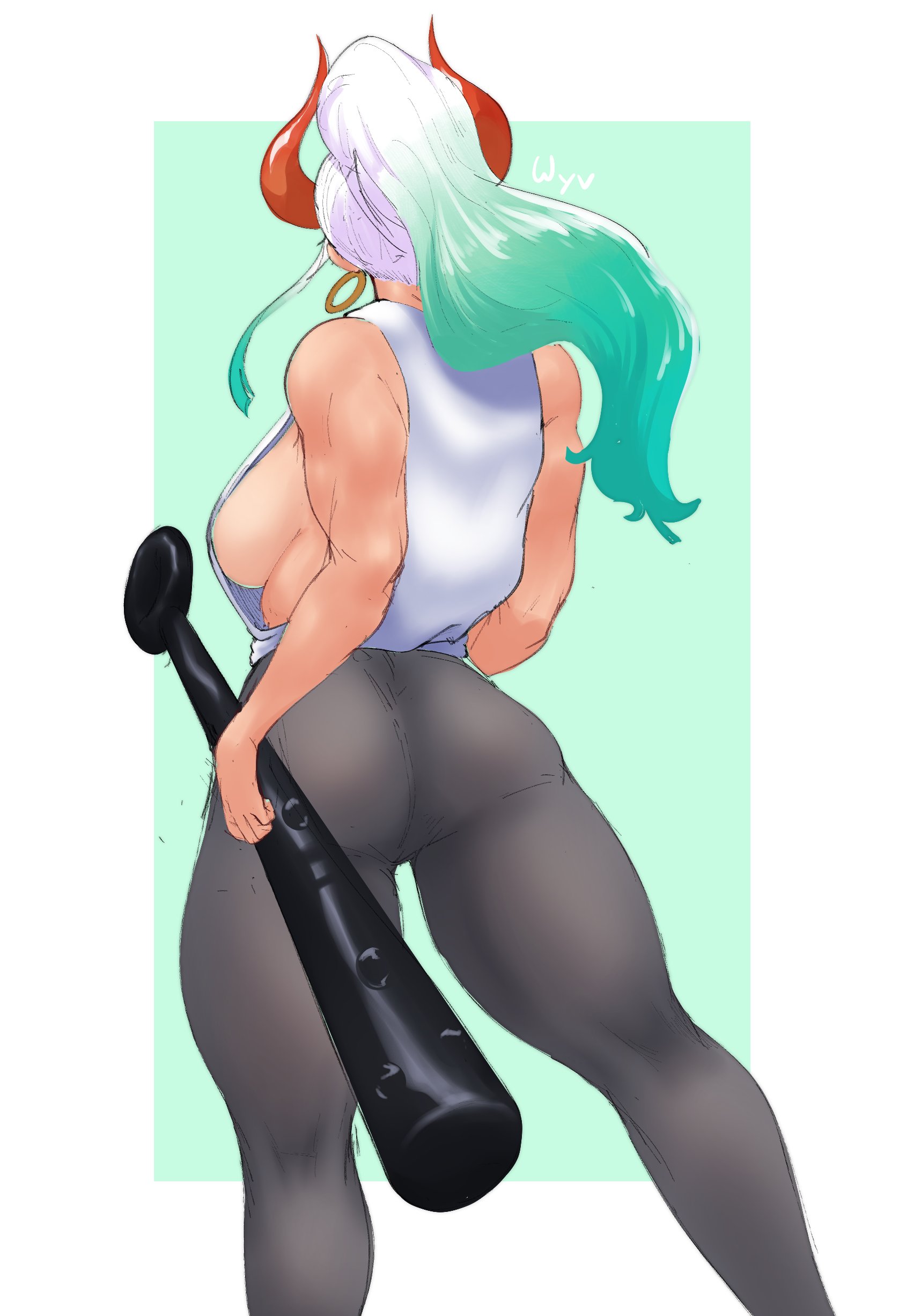 1girls, back view, big breasts, blue hair, breasts, clothed, clothing, curvy, ear piercing, earrings, female, female only, gradient hair, green hair, hi res, highres, hoop earrings, horned humanoid, horns, humanoid, kanabou, light skin, light-skinned female, long hair, multicolored hair, one piece, oni, oni female, oni horns, ponytail, revealing clothes, sideboob, simple background, sleeveless, sleeveless shirt, solo, solo female, two-tone hair, white hair, white-haired female, wide hips, wyvernn, yamato (one piece)