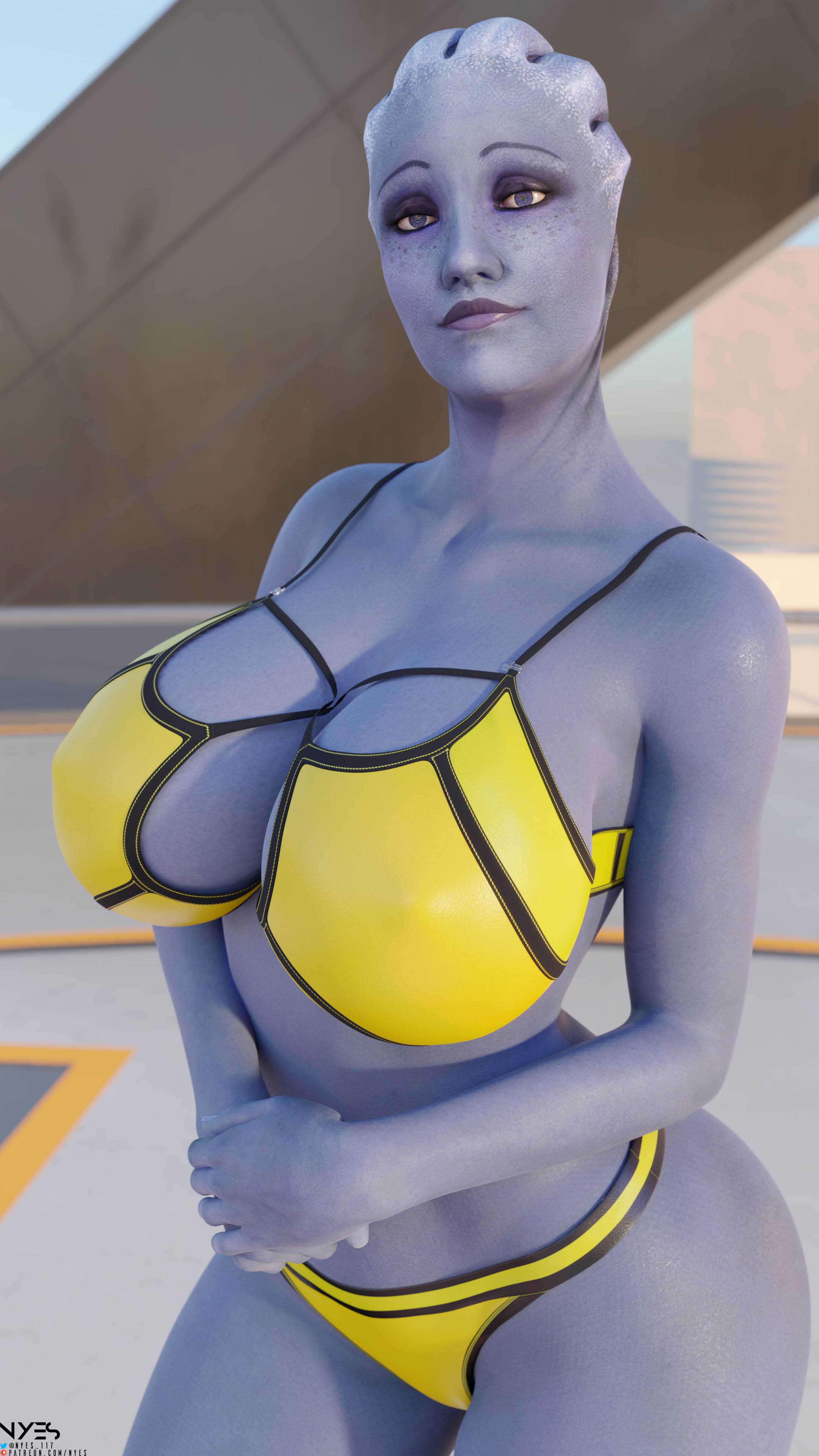 1girls, 3d, alien, alien girl, asari, blue skin, bra, breasts, clothed, clothing, female, female only, huge breasts, liara t'soni, looking at viewer, mass effect, nyes117, panties, portrait, solo, solo female, standing