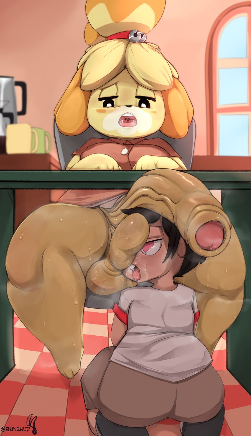 1boy 1futa animal_crossing animal_crossing_boy anthro anthro_on_human balls big_ass big_balls big_breasts big_penis big_testicles black_eyes black_hair blonde_fur blurry_background bodily_fluids bottomless breasts bunihud canine chair clothed clothes clothing cock_hungry cock_worship desk detailed_background domestic_dog drooling duo femboy foreskin fully_clothed furry futa_on_femboy futa_on_male futadom futanari half-closed_eyes heart-shaped_pupils huff huge_balls huge_cock huge_testicles human humanoid_penis in_heat interspecies isabelle_(animal_crossing) kneeling looking_pleasured male mammal mostly_clothed musk musky musky_balls musky_cock nintendo on_knees open_mouth pants penis penis_awe penis_under_table pleasure_face saliva shih_tzu shirt shoes short_hair short_sleeves shorts signature sitting sweat sweaty sweaty_balls sweaty_penis t-shirt teeth testicles thick_thighs thighs throbbing throbbing_penis tongue tongue_out uncut under_the_table unretracted_foreskin upper_teeth veiny_penis villager_(animal_crossing) white_shirt yellow_body yellow_fur