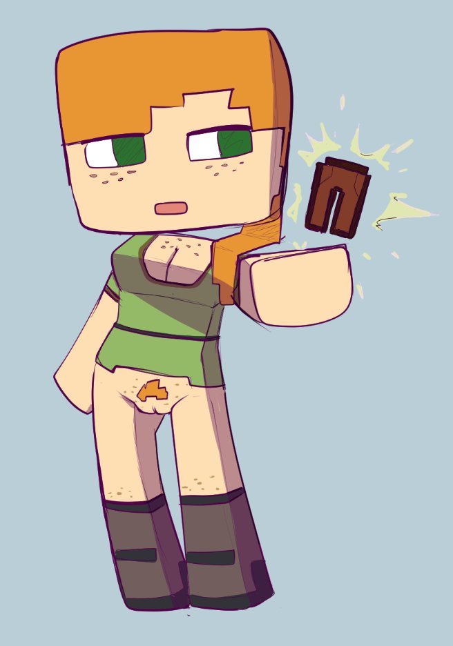 1girls alex_(minecraft) bottomless cubic_breasts female hexanne minecraft pants_off pubic_hair removing_pants solo solo_female square_head