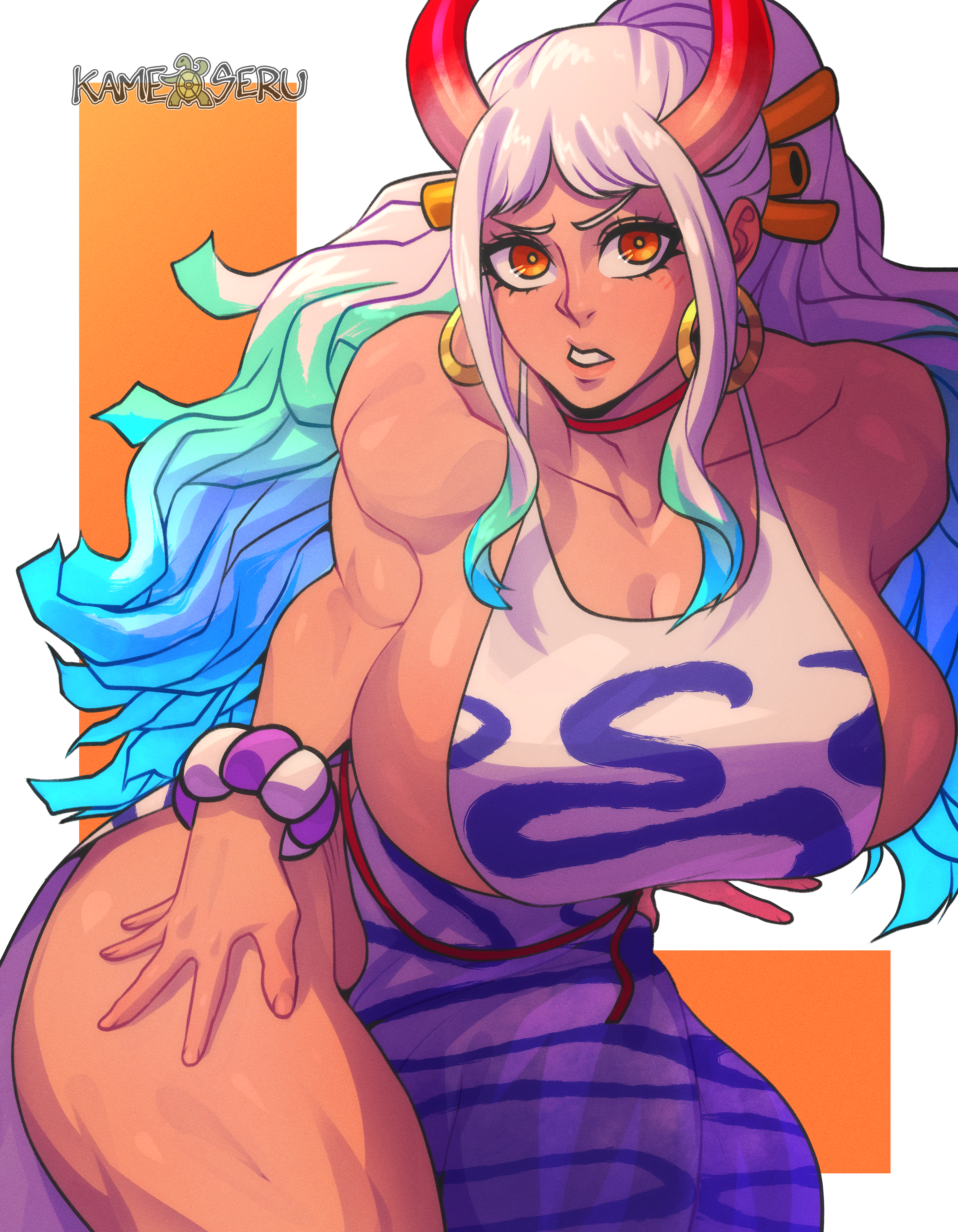 1girls, big breasts, blue hair, breasts, brown eyes, clothed, clothing, curvy, ear piercing, earrings, female, female only, gradient hair, green hair, hi res, highres, hoop earrings, horned humanoid, horns, humanoid, kameseru, large breasts, light skin, light-skinned female, long hair, multicolored hair, one piece, oni, oni female, oni horns, red horns, revealing clothes, sideboob, simple background, solo, two-tone hair, white hair, white-haired female, wide hips, yamato (one piece), youkai
