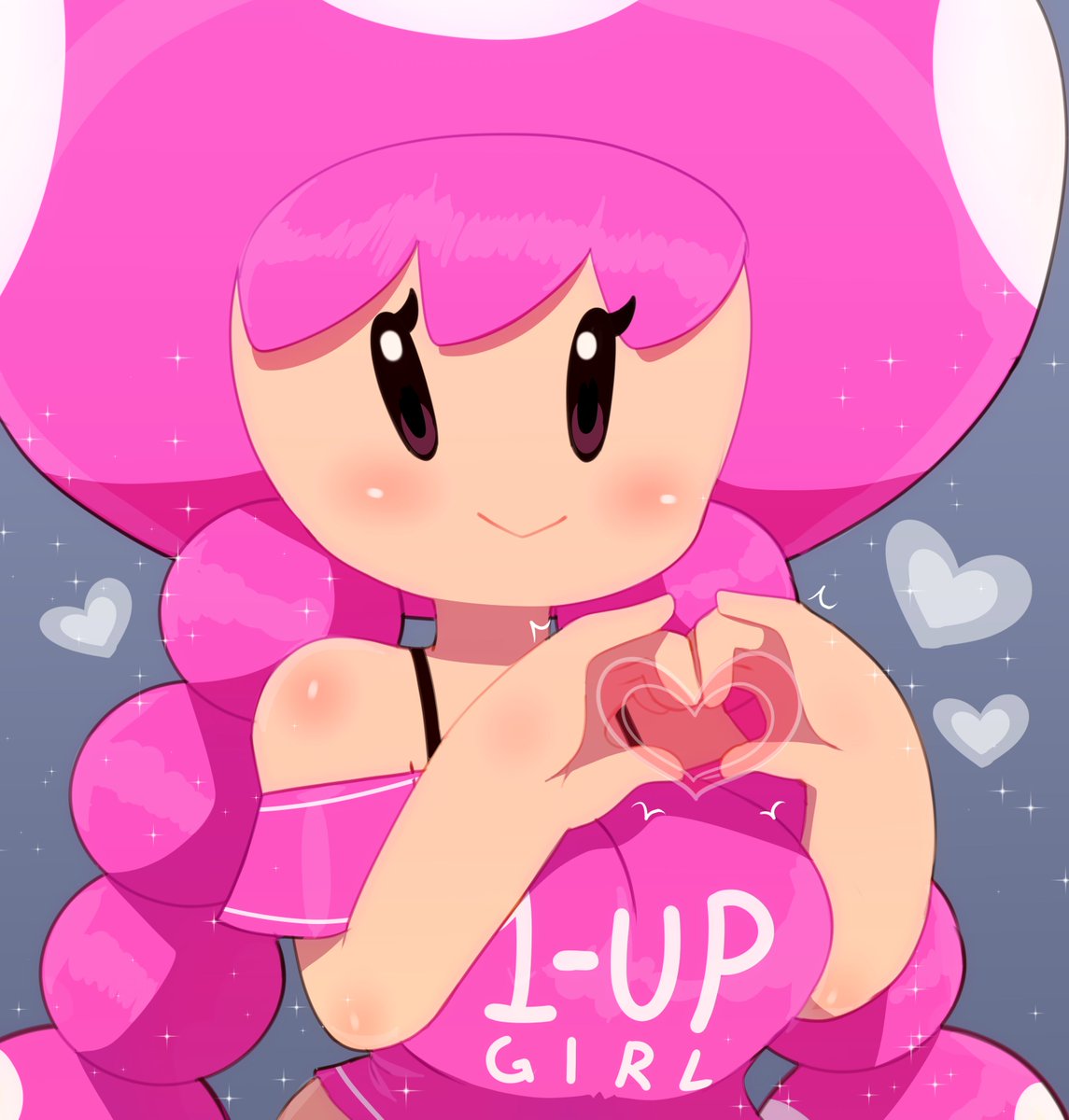1girls, big breasts, black bra, black eyes, bra, breasts, chubby, cleavage, clothed, clothing, cute, female, female only, hearts, light skin, light-skinned female, looking at viewer, mario (series), mushroom, nintendo, no nose, pigtails, pink hair, pink shirt, short shirt, shortstack, smile, solo, solo female, somescrub, text on clothing, text on shirt, toadette, upper body