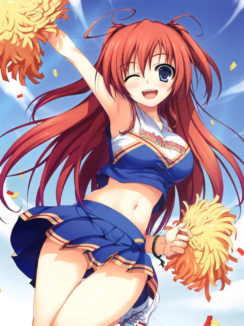 ;d absurdres armpits blue_eyes blue_sky blush bracelet cheerleader clothes_lift crop_top crop_top_overhang day female gluteal_fold highres jewelry lens_flare long_hair midriff navel one_eye_closed open_mouth pleated_skirt pom_pom_(cheerleading) red_hair shiny shiny_skin shirt shoes skirt skirt_lift sky smile sneakers solo taut_clothes taut_shirt thigh_gap tomose_shunsaku wind wind_lift