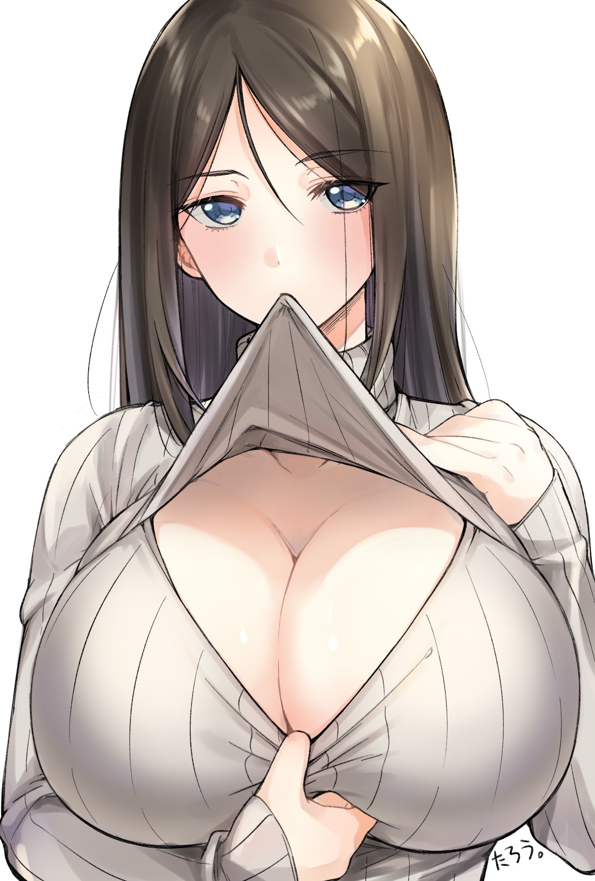 alternate_costume bangs blue_eyes blush breasts brown_hair center_opening cleavage_cutout cleavage_pull cleavage_reach clothes_lift clothing_cutout eyebrows_visible_through_hair female girls_und_panzer highres huge_breasts jitome keyhole keyhole_turtleneck komekueyo lifted_by_self long_hair looking_at_viewer meme_attire milf mouth_hold nonna nonna_(girls_und_panzer) open-chest_sweater parted_bangs ribbed_sweater shiny_skin shirt_in_mouth solo sweater sweater_lift turtleneck turtleneck_sweater upper_body