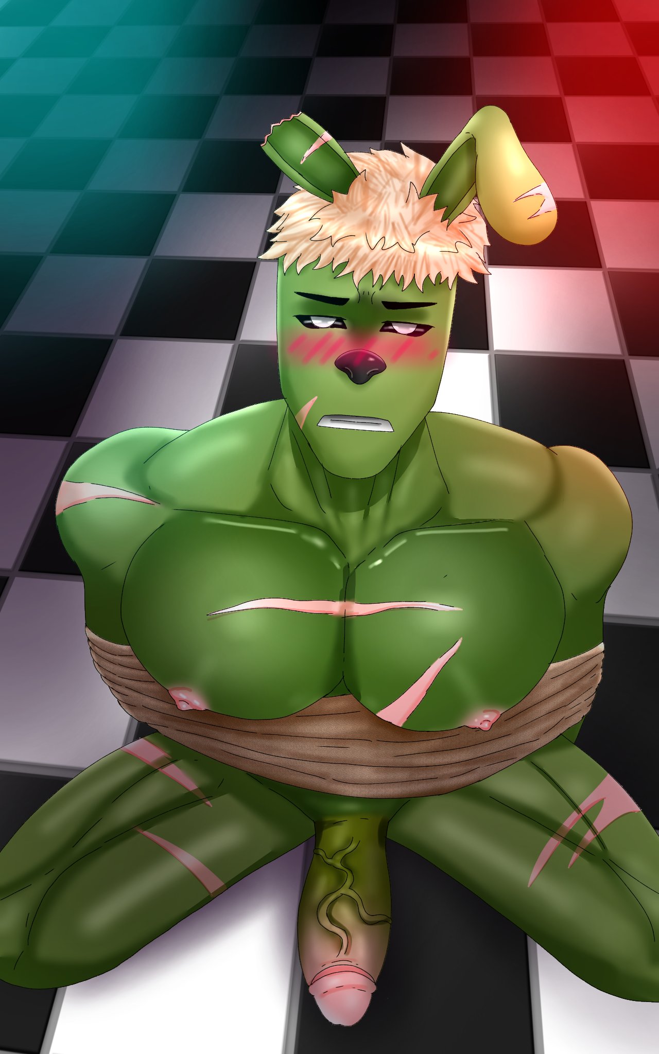 anthro bara blushing dick erection facial_scar fangs five_nights_at_freddy's fnaf gay green_body green_skin humanoid male_anthro male_focus male_only muscles muscular_male ninjagreen99 nipples nude pecs rabbit rope rope_bondage rope_harness scar solo solo_male springtrap springtrap_(fnaf) veiny_penis