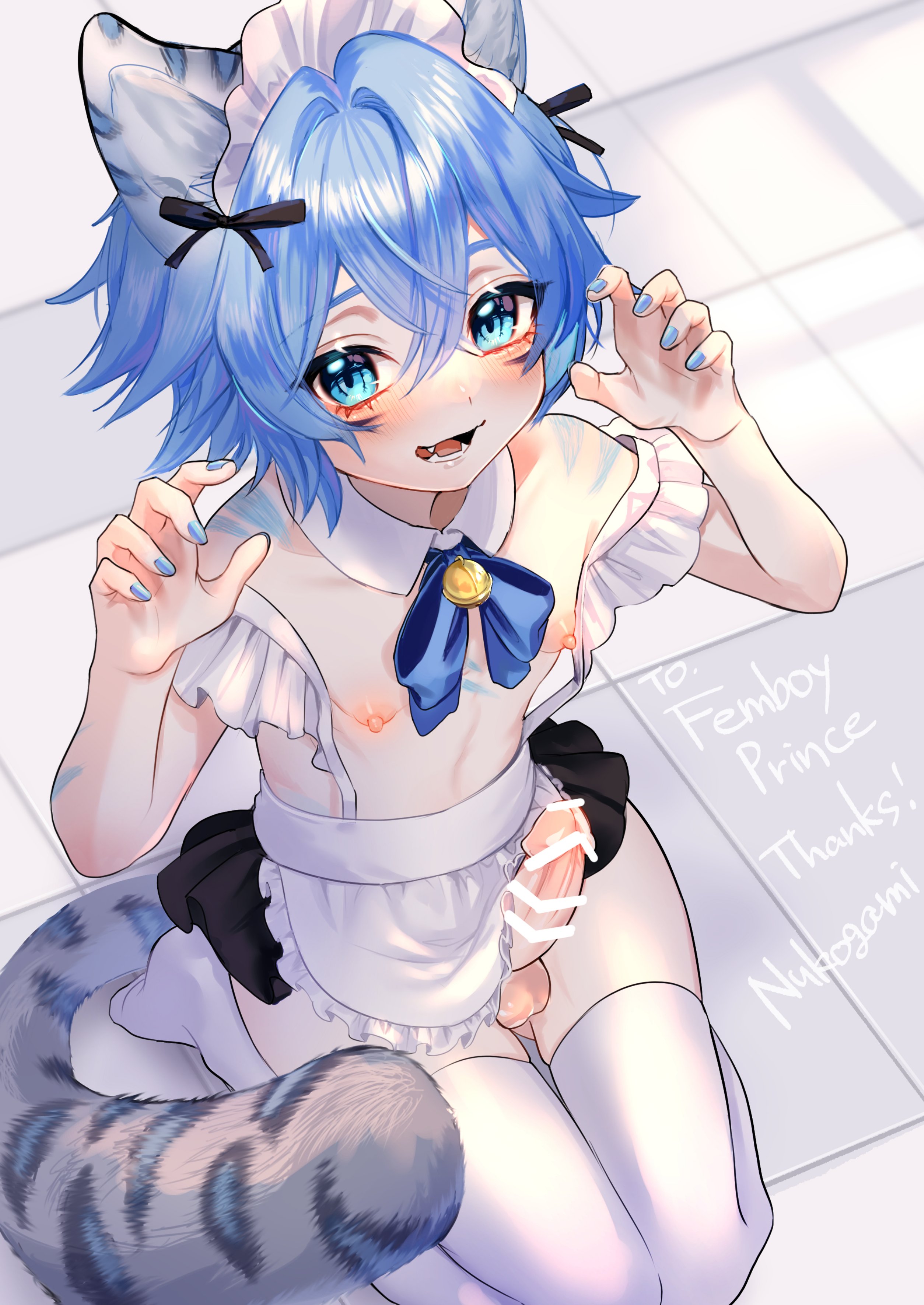 archon eclipse, balls, blue eyes, blue hair, blush, cat boy, catboy, fang, femboy, girly, maid, male, male only, nipples, penis, thick penis, thick thighs, trap