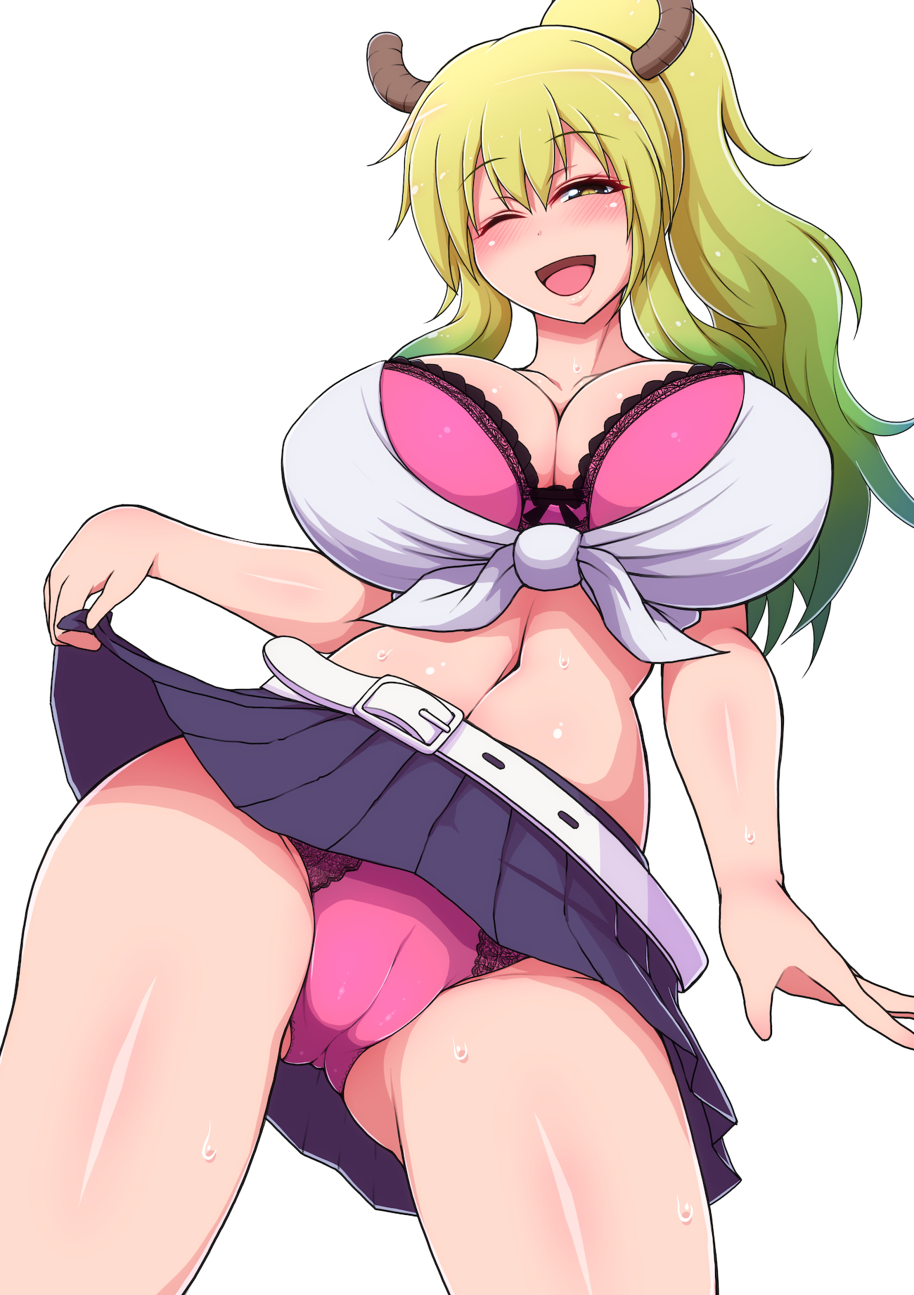 alternate costume, alternate hairstyle, ass, ass visible through thighs, bangs, belt, blush, bra, breasts, collarbone, colored, female, horns, large breasts, looking at viewer, microskirt, milf, miniskirt, miss kobayashi's dragon maid, multicolored hair, panties, ponpo, ponponmaru, ponytail, quetzalcoatl (dragon maid), school uniform, schoolgirl, shiny skin, skirt, skirt lift, smile, smiling, smiling at viewer, sweat, sweatdrop, tagme, thick thighs, winking, winking at viewer