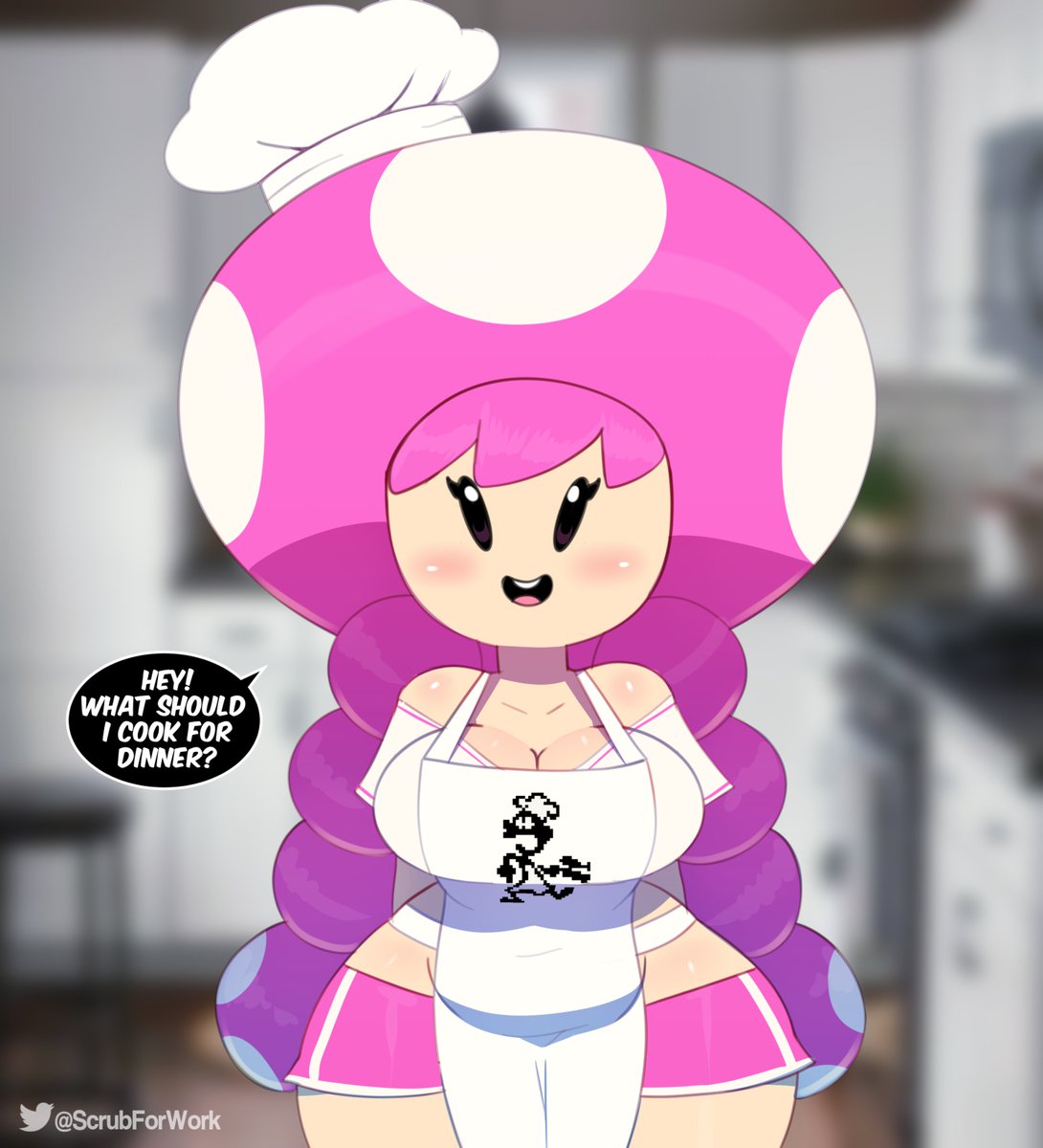 1girls, apron, big breasts, black eyes, blurry background, breasts, chef, chef hat, chubby, cleavage, clothed, clothing, cute, female, female only, front view, game and watch, light skin, light-skinned female, looking at viewer, mario (series), midriff, mushroom, nintendo, no bra, no nose, no panties, open mouth, pigtails, pink hair, pink shorts, short shirt, short shorts, short sleeves, shorts, shortstack, solo, solo female, somescrub, text, text bubble, thick, thick hips, thick thighs, toadette, white shirt, wide hips