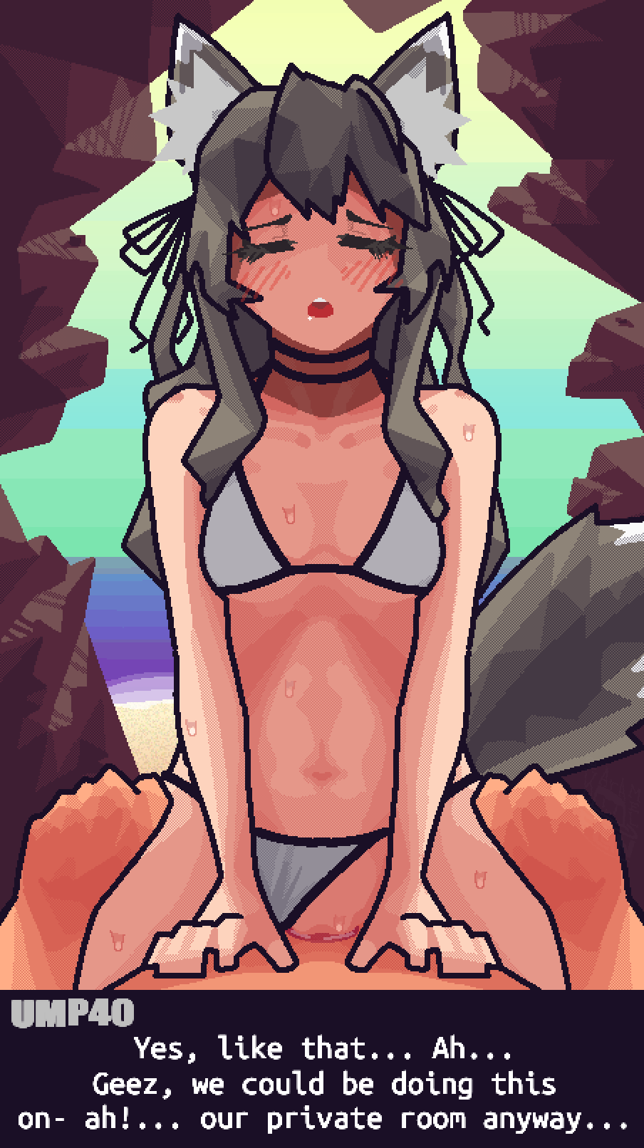 animal_humanoid beach bikini bikini_aside blush bodily_fluids breasts canid canid_humanoid canine canine_humanoid closed_eyes clothing clothing_aside cowgirl_position duo english_text female female_penetrated first_person_view from_front_position genitals girls'_frontline grey_ears grey_hair grey_tail hair hi_res humanoid humanoid_penetrated inner_ear_fluff karamel_flan long_hair male male/female male_penetrating male_penetrating_female mammal mammal_humanoid on_bottom on_top open_mouth outside penetration penile penile_penetration penis_in_pussy sea seaside sex sky straddling sweat swimwear swimwear_aside text thigh_gap tuft ump40_(girls_frontline) vaginal_penetration water wolf_ears wolf_humanoid wolf_tail