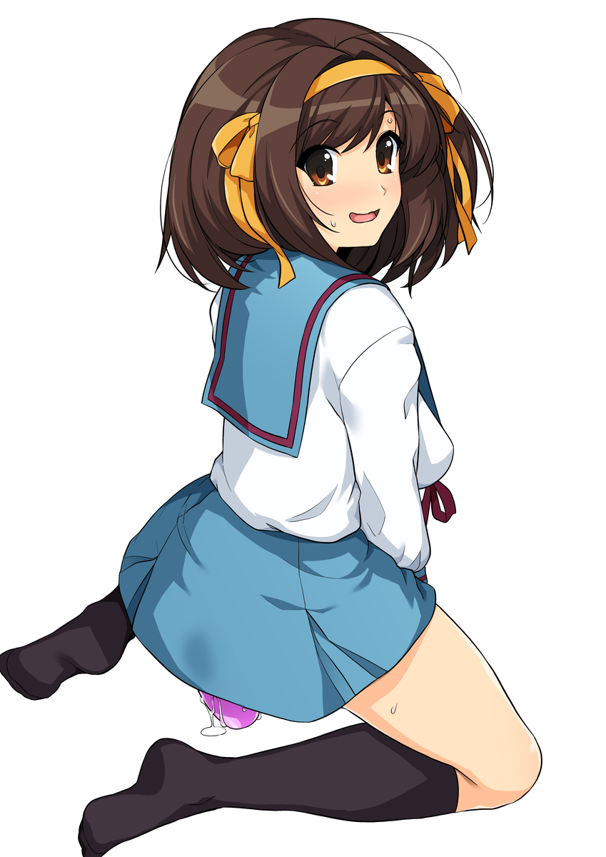 bangs black_legwear blue_sailor_collar blue_skirt blush bob_cut bow breasts brown_eyes brown_hair clothed_masturbation commentary dildo dress_shirt eyebrows_visible_through_hair female female_masturbation from_side full_body hair_ribbon hair_strand hairband hairbow haruhisky highres kita_high_school_uniform kneehighs kneeling large_breasts long_sleeves looking_at_viewer looking_back looking_to_the_side masturbation nervous nervous_smile nose_blush open_mouth pussy_juice pussy_juice_puddle pussy_juice_trail red_ribbon ribbon sailor_collar school_uniform serafuku sex_toy shirt short_hair simple_background skirt smile solo spread_legs suzumiya_haruhi suzumiya_haruhi_no_yuuutsu sweatdrop white_background white_shirt yellow_bow yellow_hairband yellow_ribbon