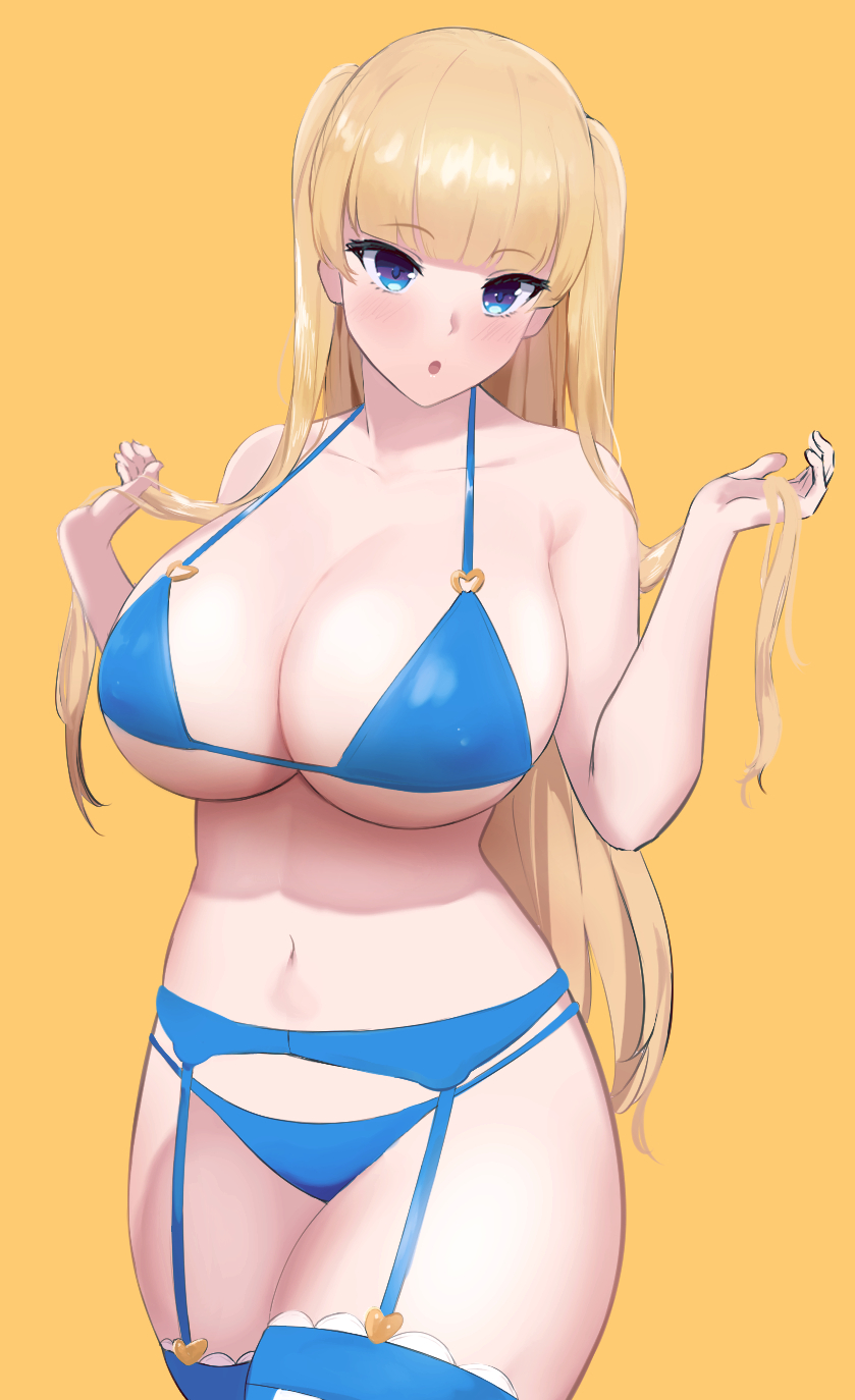 1girls :o bangs bare_shoulders bikini blonde_hair blue_bikini blue_eyes blue_garter_belt blue_garter_straps blunt_bangs blush borrowed_character breasts cleavage collarbone covered_nipples cowboy_shot curvy eyebrows_visible_through_hair female garter_straps hands_up head_tilt heart_ring_top highres holding holding_hair huge_breasts light-skinned_female light_skin lina_bell_roll_(michihasu) long_hair looking_at_viewer multicolored_eyes navel nayutayutautau original purple_eyes simple_background solo solo_female strap_gap striped striped_legwear swimsuit tsurime two_side_up underboob vertical-striped_legwear vertical_stripes very_long_hair yellow_background