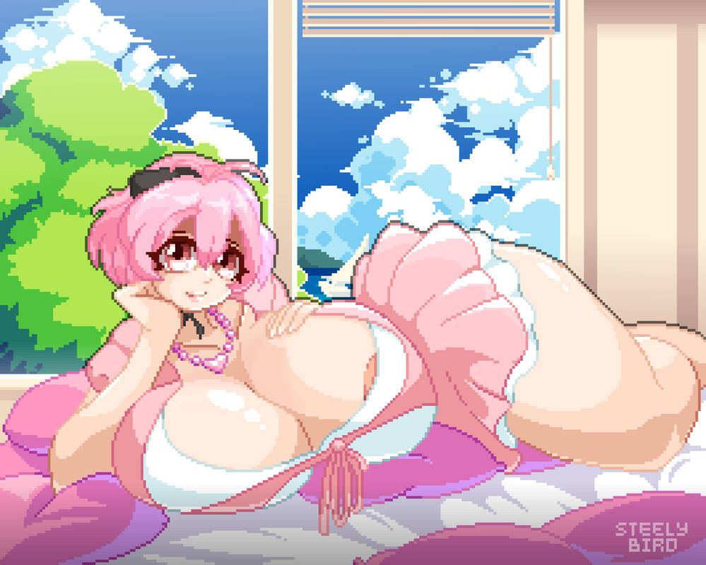 1girls bed crush_crush elle_(crush_crush) huge_ass huge_breasts human looking_at_viewer lying_down maid pink_eyes pink_hair pixel_art sad_panda_studios steely_bird