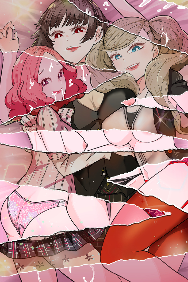 3girls ann_takamaki areola_slip areolae atlus clothed cum cum_on_face female haru_okumura human legwear makoto_niijima multiple_girls navel nipples osusowake panties persona persona_5 shin_megami_tensei skirt sweater thighs x-ray