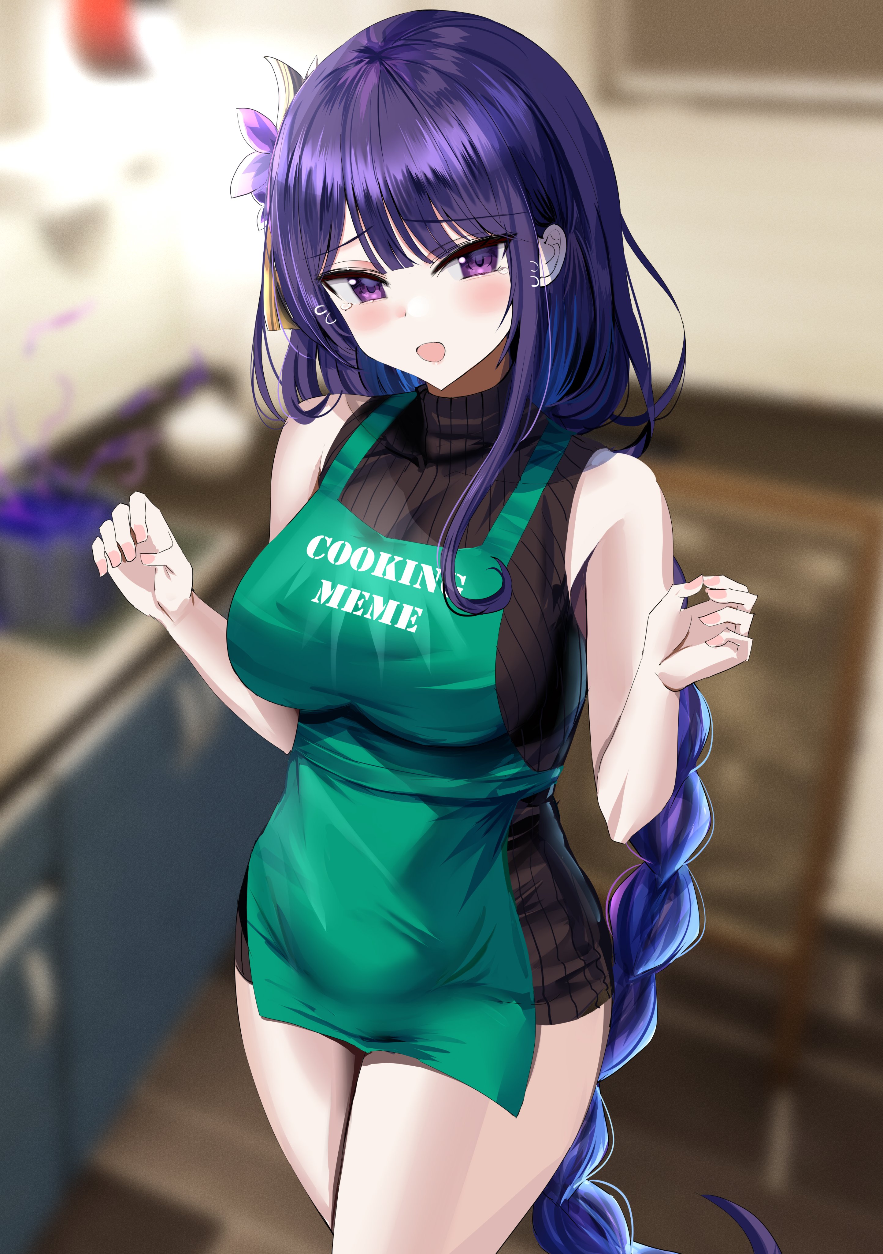 1girls, absurd res, adamant369, apron, breasts, cooking, embarrassed, female, female only, genshin impact, hanasaka houcha, hi res, large breasts, long hair, purple eyes, purple hair, raiden shogun, solo, thick thighs, thighs