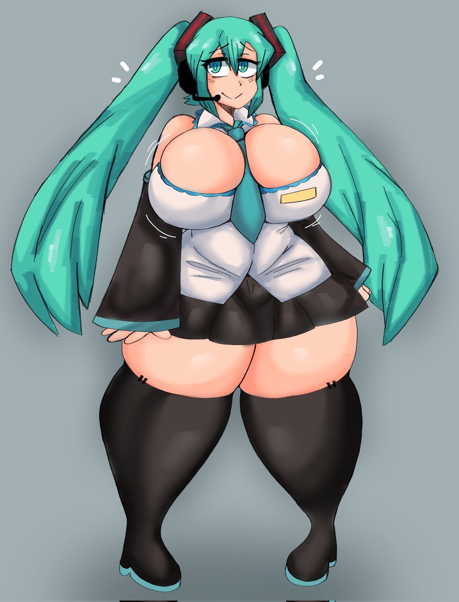 1girl, 1girls, alternate breast size, aqua eyes, aqua hair, between breasts, big breasts, blue eyes, blue hair, blush, boots, breasts, bursting breasts, cleavage, clothed, clothing, curvy, detached sleeves, dork boi, female, grey background, hatsune miku, headset, huge breasts, lewd dorky, long hair, looking at viewer, necktie, necktie between breasts, simple background, skindentation, skirt, smile, solo, solo female, standing, thick thighs, thigh boots, thighhighs, thighs, twintails, very long hair, vocaloid, voluptuous, wide hips