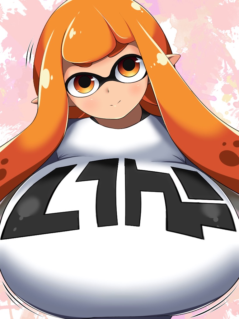 alternate breast size, animal humanoid, anthro, breasts, busty, cephalopod, cephalopod humanoid, female, huge breasts, humanoid, inkling, inkling girl, kaori (splatoon), mask (marking), nintendo, norio (pheromosa times), orange eyes, orange hair, pointy ears, pseudo hair, sharp ears, shirt, smile, splatoon, splatoon (series), squid, tentacle, tentacle hair