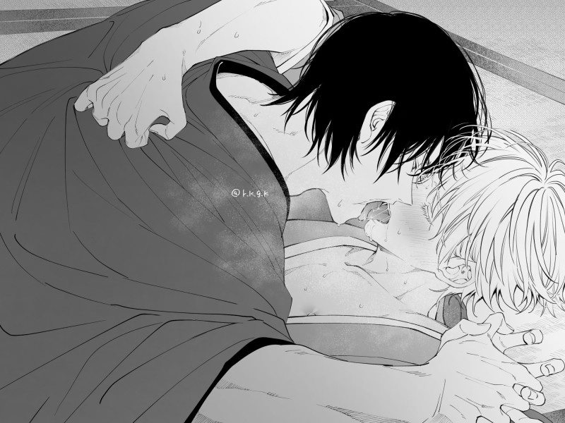 age difference, black and white, french kiss, gay, jujutsu kaisen, kissing, male, male focus, male only, male penetrating, male/male, satoru gojo, size difference, smaller male, toji fushiguro, yaoi