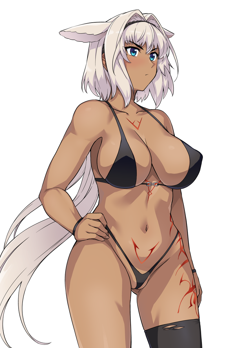animal ears, arm at side, bare shoulders, bikini, black bikini, black legwear, blue eyes, body markings, breasts, caenis (fate), cleavage, closed mouth, collarbone, commentary request, cowboy shot, dark skin, dark-skinned female, fate (series), fate/grand order, female, hairband, hand on hip, haruhisky, highleg, highleg bikini, highres, navel, single thighhigh, solo, standing, stomach, swimsuit, thighhighs, thighs, white hair