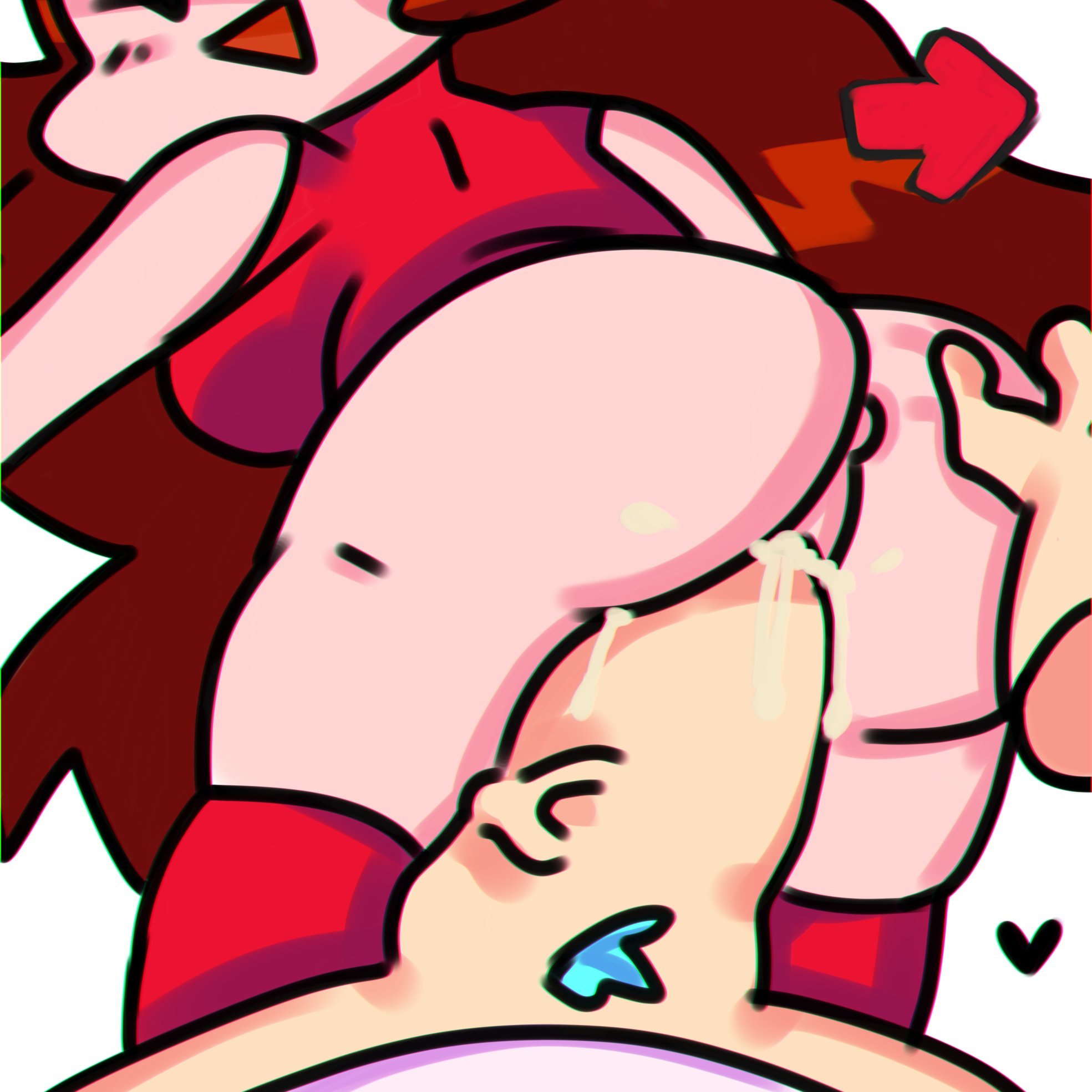 1boy, 1girls, accurate art style, arrow, ass, balls, blue pubic hair, blush, boyfriend (friday night funkin), breasts, cum in pussy, disembodied hands, female, friday night funkin, galacthiccgirl, girlfriend (friday night funkin), grabbing ass, heart, huge cock, male, male pov, penis, pov, pussy, sex, smile, straight, thighhighs