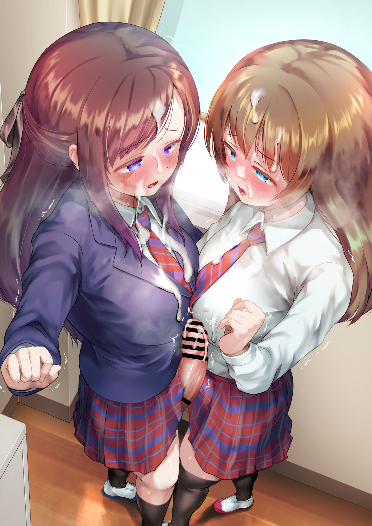 2futas, after orgasm, ayanakitori, bar censor, blush, censored, cum, cum on clothes, cum on face, cum on hair, erection, female, futa on futa, futanari, has uncensored version, intersex, penis, school, school uniform, schoolgirl, socks, thighhighs