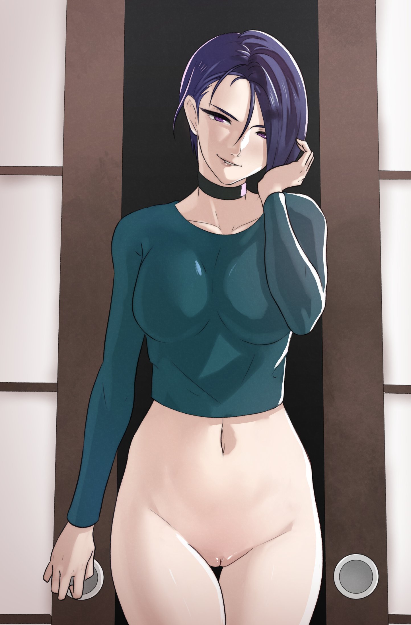 1girls, bare thighs, biting lip, blue hair, bottomless, breasts, choker, collarbone, door, exposed pussy, female, female only, fire emblem, fire emblem: three houses, long sleeves, looking at viewer, medium breasts, naughty face, nintendo, pomelomelon, purple eyes, pussy, shamir nevrand, solo, thighs, uncensored