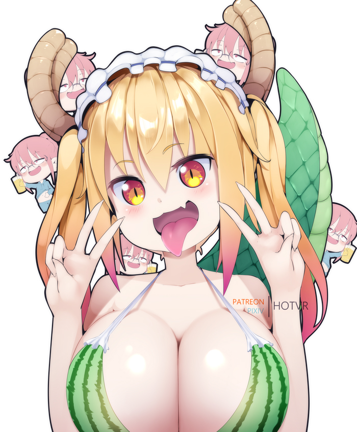 :3, 2girls, beer, bikini, blonde hair, blush, breasts, cleavage, double peace sign, double v, dragon tail, drunk, female, glasses, horn, horns, hotvr, huge breasts, kobayashi, large breasts, lizard tail, maid headdress, miss kobayashi's dragon maid, monster girl, open mouth, orange eyes, peace sign, red hair, striped bikini, tail, tohru (dragon maid), tongue, tongue out, two-tone hair, v