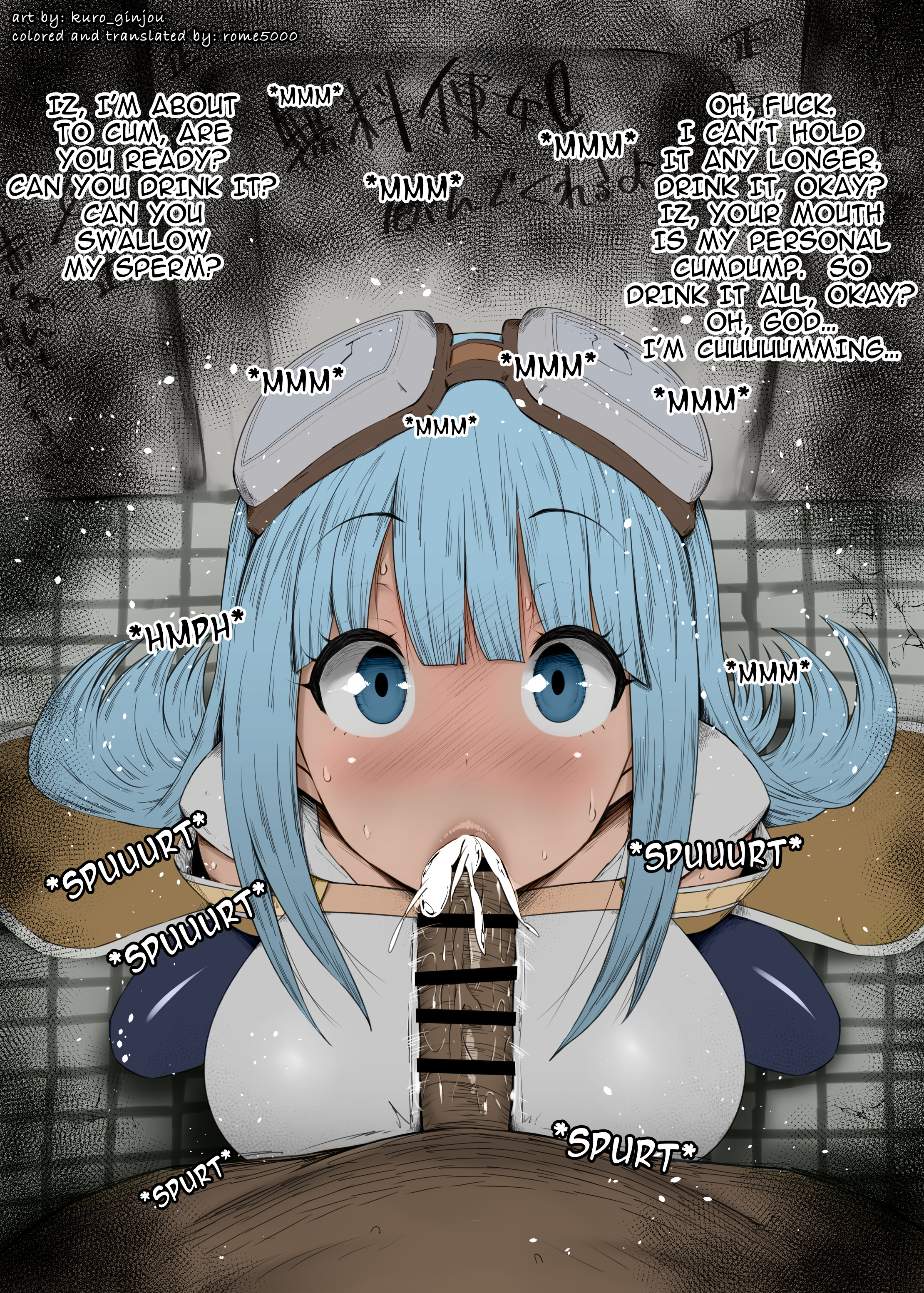 1boy, 1girls, big breasts, big penis, blowjob, blush, bodysuit, breasts, censored, coat, color, colored, dark penis, dark skin, dark-skinned male, detailed background, drooling, ejaculation, english text, eyelashes, fellatio, female, footwear, goggles, goggles on head, hair ornament, human, indoor, inside, interracial, itai no wa iya nano de bougyoryoku ni kyokufuri shitai to omoimasu, iz (bofuri), kurotama, legwear, long hair, looking at viewer, male, male pov, oral, oral sex, penis, pov, room, saliva, shiny, shiny skin, sound effects, squatting, stockings, sweat, text, tied hair, twintails, vein, veins, veiny, veiny penis