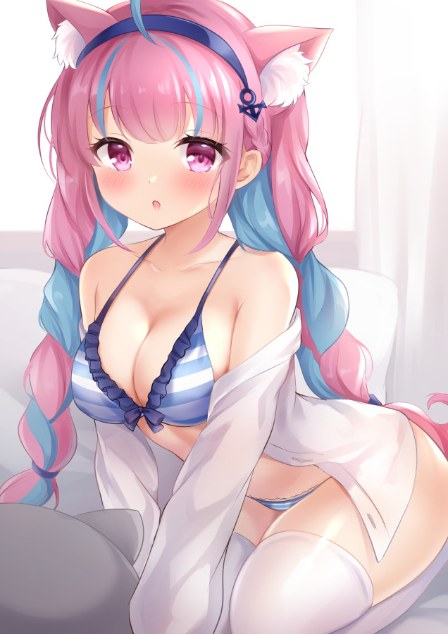 animal_ear_fluff animal_ears arched_back bare_shoulders bikini blue_bikini blue_hair blush braid breasts cat_ears commentary dress_shirt extra_ears eyebrows_visible_through_hair female frilled_bikini frills hairband hololive hololive_gen_2 hololive_japan indoors long_hair long_sleeves looking_at_viewer minato_aqua multicolored_hair neko_(minato_aqua) nikoo on_bed open_clothes open_shirt parted_lips pillow pink_eyes pink_hair shirt striped striped_bikini swimsuit thighhighs thighs twin_braids two-tone_hair very_long_hair virtual_youtuber white_shirt