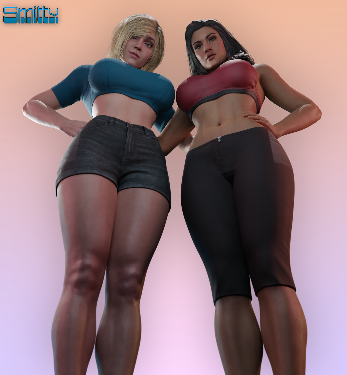 2girls, 3d, 3d (artwork), big breasts, black hair, blender (software), blonde hair, breasts, dc, dc comics, female, female only, fully clothed, injustice 2, jean shorts, large breasts, legs, looking at viewer, low-angle view, olive skin, power girl, shorts, smitty34, solo, sports bra, sportswear, superheroine, superman (series), thick thighs, wonder woman, wonder woman (series), yoga pants