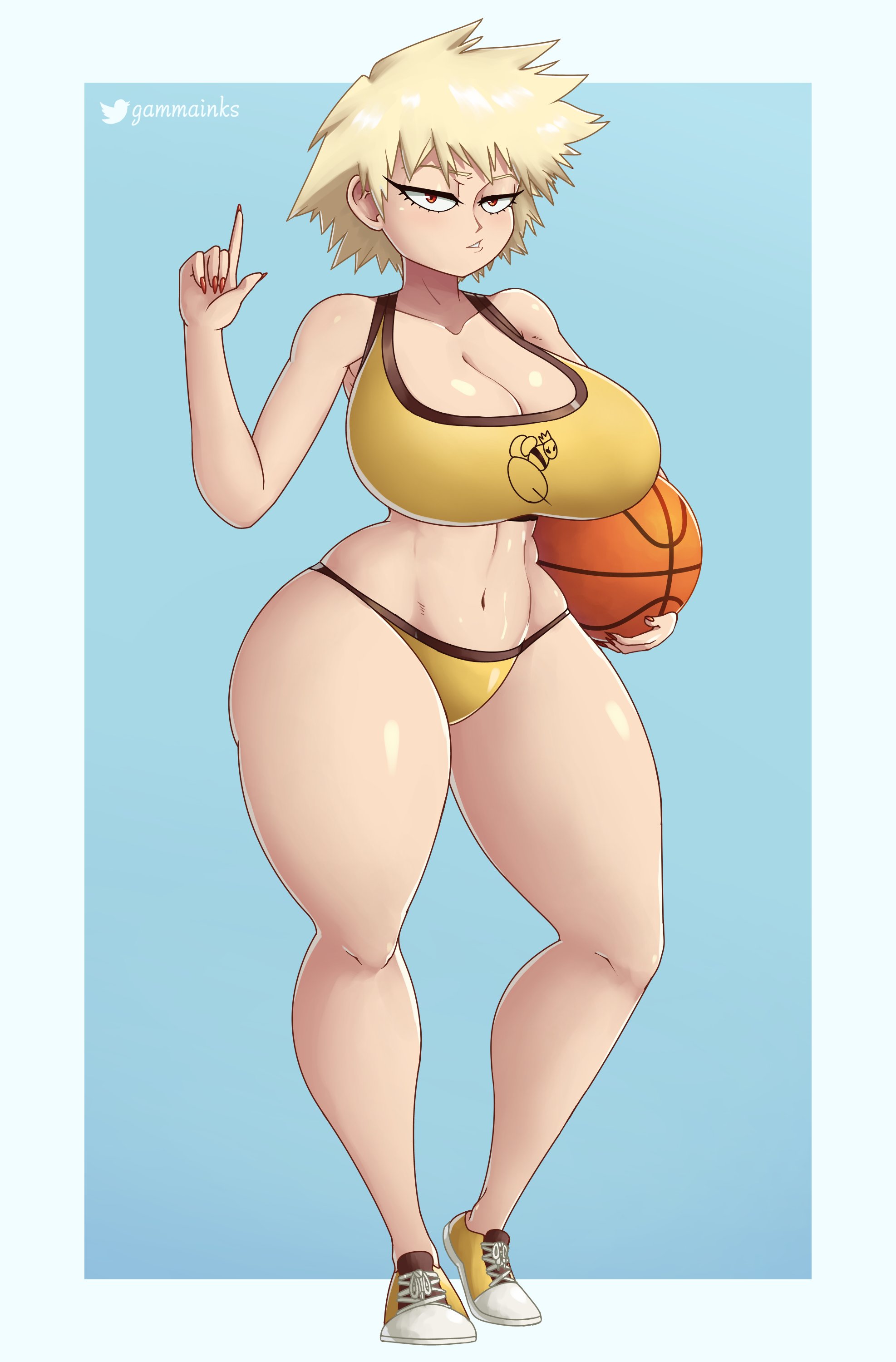 1girls, 2022, basketball, big breasts, bikini bottom, blonde hair, breasts, cleavage, clothed, clothing, female, fit, fit female, gammainks, gym clothes, large breasts, looking at viewer, mature female, milf, mitsuki bakugou, mother, my hero academia, narrow shoulders, red eyes, revealing clothes, shoes, short hair, simple background, skimpy, sneakers, solo, solo female, sports bikini, sports bra, tagme, thick thighs, thin arms, tomboy, wide hips