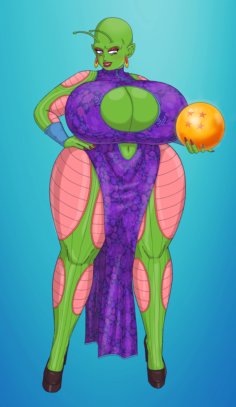 1girls bimbo chinese_dress curvy_figure dragon_ball dragon_ball_z green_skin high_heels holding_dragon_ball huge_breasts hyper_bimbo milf namekian purple_dress rule_63 saturnxart son_gohan thick_thighs voluptuous what what_has_science_done