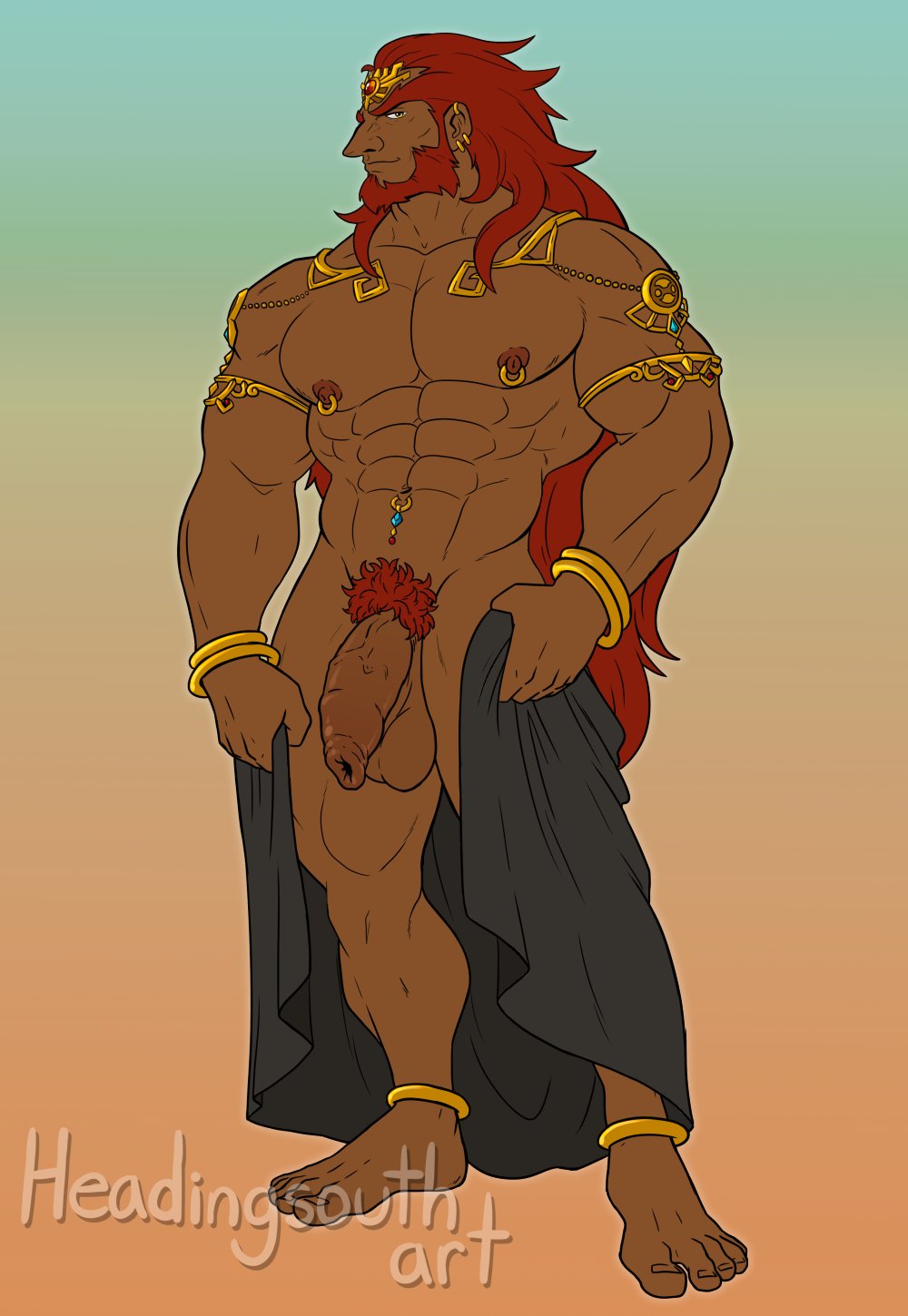 abs, balls, bara, big balls, big penis, breath of the wild, flaccid, foreskin, ganondorf, headingsouth, jewelry, male, male only, muscles, muscular, nipple piercing, nipples, nude, penis, piercing, rehydrated ganondorf, solo, solo male, tears of the kingdom, the legend of zelda, uncircumcised, yaoi