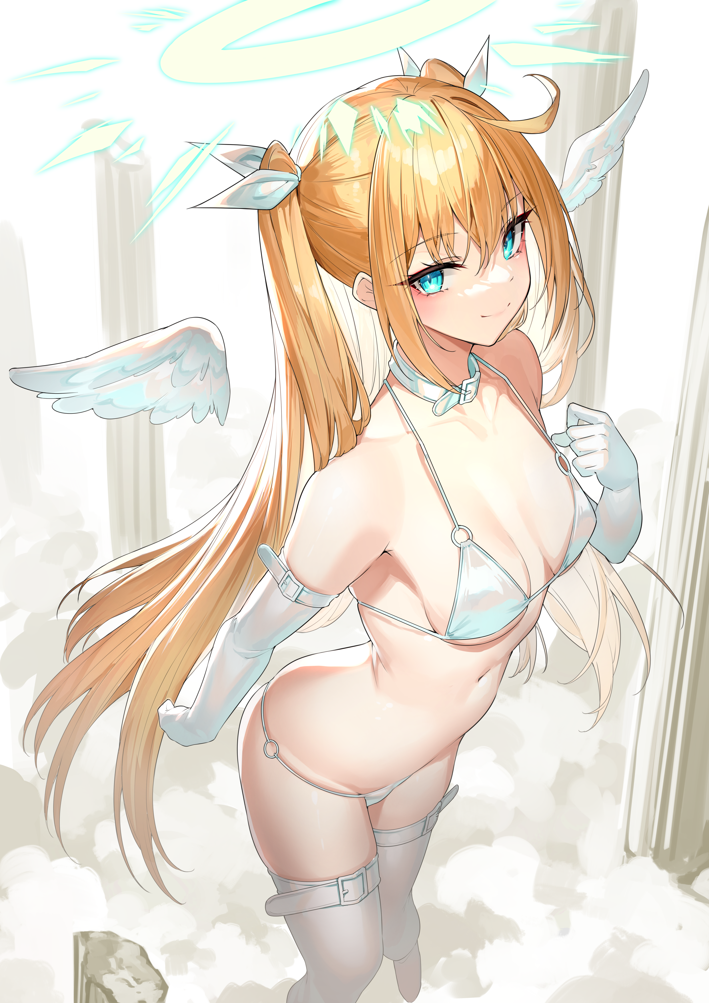 absurdres, angel, angel girl, angel wings, armpits, bare shoulders, bikini, blonde hair, blue eyes, breasts, choker, elbow gloves, female, gloves, hair ribbon, halo, halterneck, highres, long hair, looking at viewer, mini wings, original, ribbon, sidelocks, small breasts, smile, solo, standing, stomach, strap gap, string bikini, supernatural, swimsuit, thighhighs, twintails, very long hair, white bikini, white choker, white gloves, white legwear, wings, yamanokami eaka