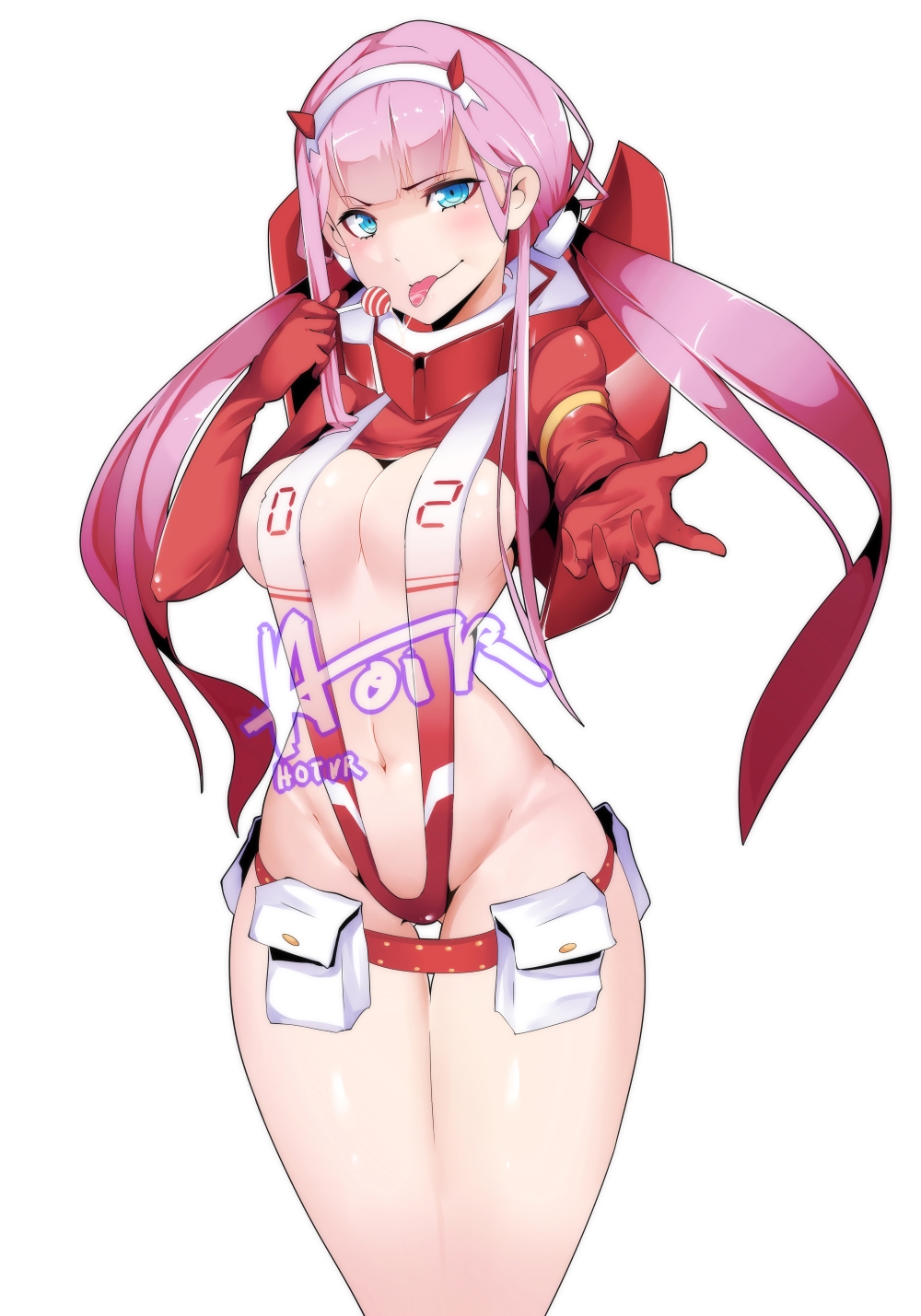 1girls, big breasts, breasts, darling in the franxx, female, hotvr, leotard, lolipop, lollipop, medium breasts, sling bikini, solo, tagme, twintails, zero two (darling in the franxx)