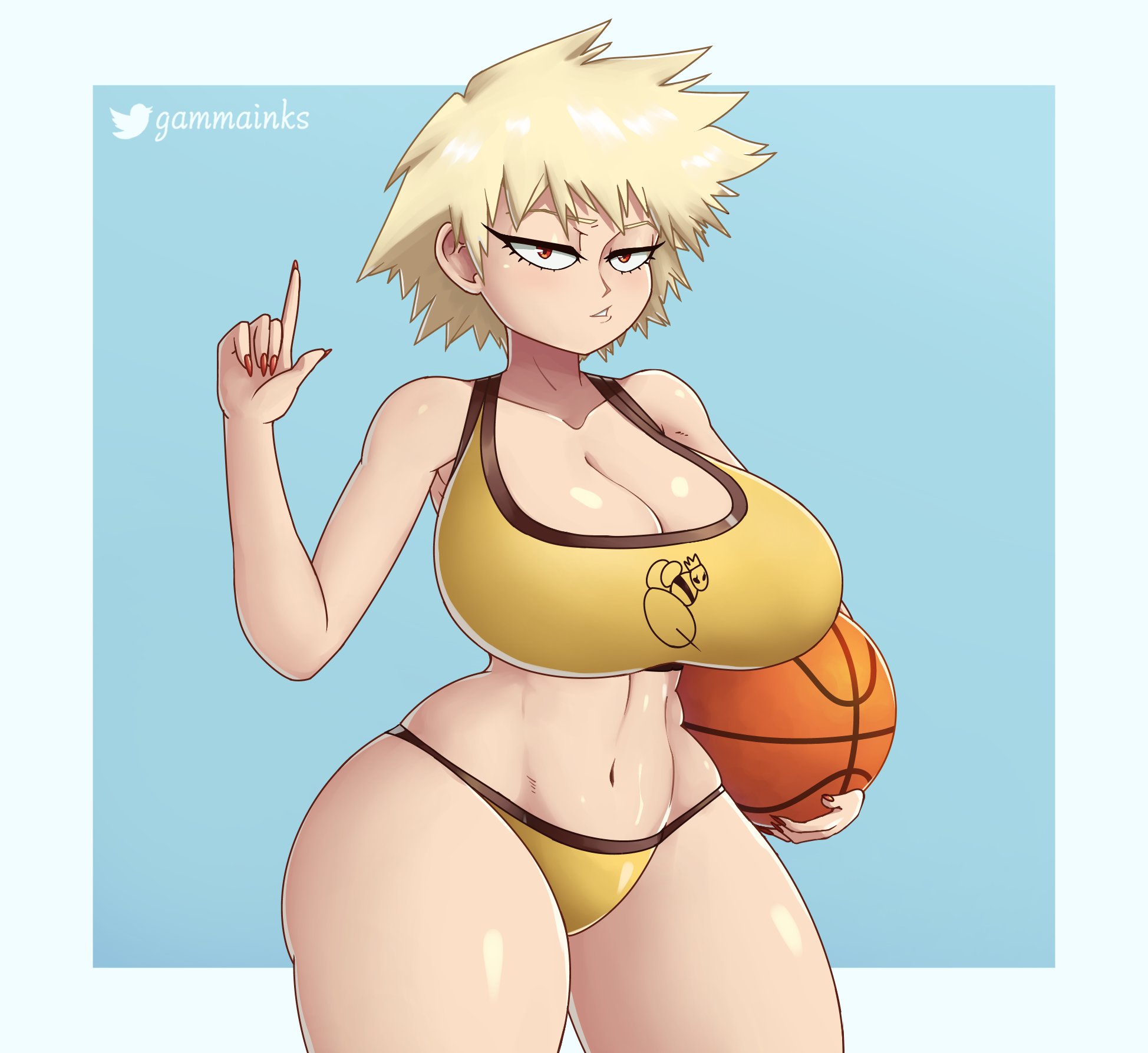 1girls, 2022, artist name, artist signature, artist website, bakunyuu, ball (object), bare legs, basket, basketball, big breasts, bikini, blonde female, blonde hair, blonde-haired female, border, breasts, cleavage, clothed, clothing, curvaceous, enormous breasts, female, female focus, fingernails, fit, fit female, gammainks, gym clothes, highres, hourglass figure, huge breasts, large breasts, looking at viewer, massive breasts, mature female, milf, mitsuki bakugou, mother, my hero academia, navel, older female, outside border, parent, red eyes, shiny, shiny hair, shiny skin, shoes, short hair, shorts, shounen jump, simple background, skimpy shorts, solo, solo female, sports bikini, sports bra, sportswear, thick thighs, tomboy, toned, toned body, toned female, toned stomach, top heavy, top heavy breasts, twitter logo, twitter username, url, voluptuous, voluptuous female, white border, wide hips