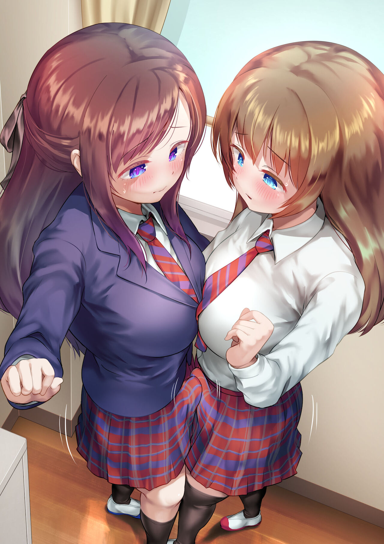 2futas, ayanakitori, blush, erection, erection under clothes, erection under skirt, female, frottage, frottage through clothing, futa on futa, futa only, futanari, intersex, school, school uniform, schoolgirl, socks, tagme, thighhighs