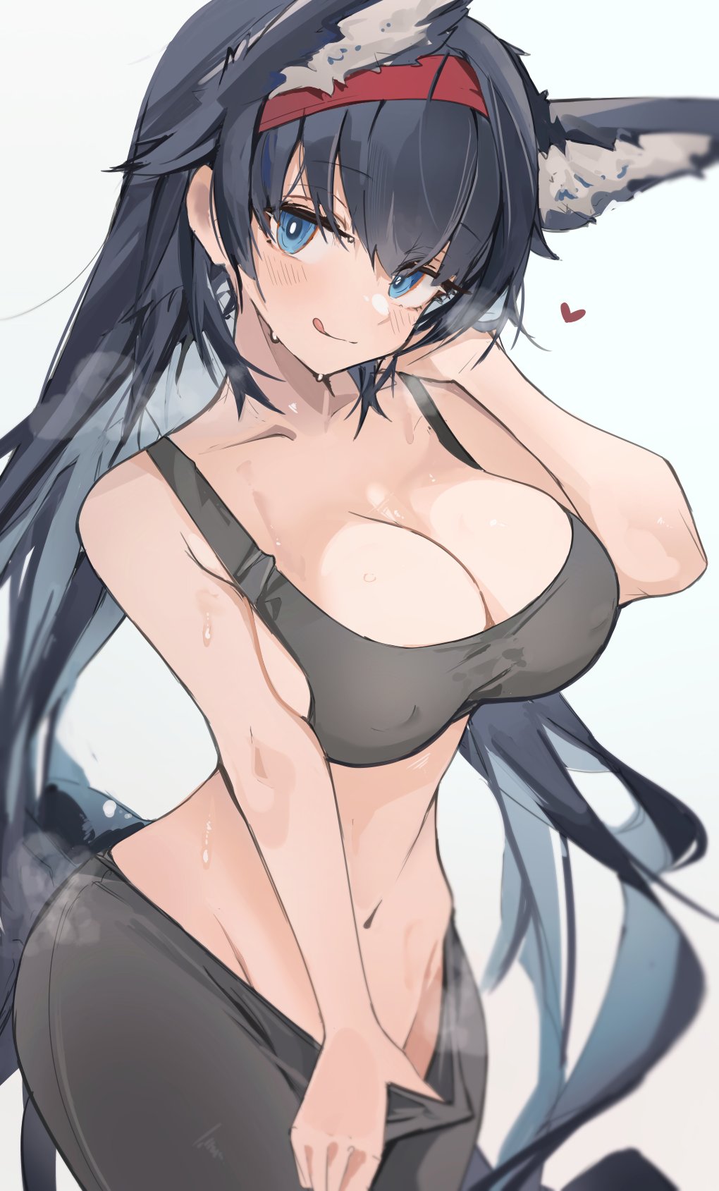 alternate_costume animal_ears arknights blaze_(arknights) blue_background blue_hair blush bra breasts cat_ears cleavage closed_mouth clothes_pull covered_nipples cowboy_shot curvy eyebrows_visible_through_hair female female grey_background grey_bra grey_pants groin hair_between_eyes hairband heart highres large_breasts licking_lips long_hair looking_at_viewer mikozin navel no_panties pants pants_pull red_hairband seductive_smile simple_background smile solo sports_bra standing steaming_body sweat tight tight_pants tongue tongue_out underwear