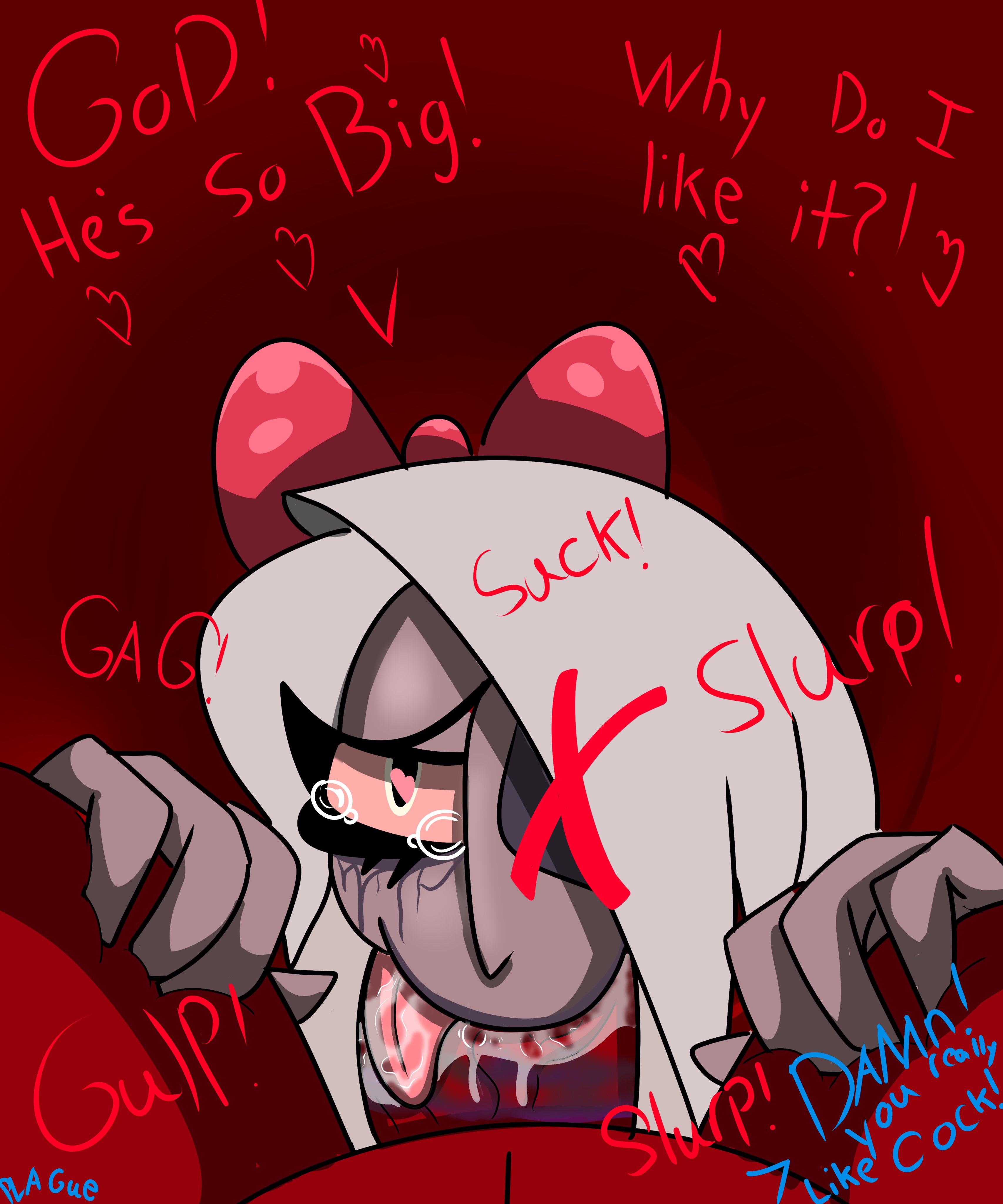 1girls, crying, crying with eyes open, deepthroat, demon, demon girl, dialogue, english text, fellatio, female, hazbin hotel, heart eyes, huge cock, long hair, male, onomatopoeia, oral, penis, plague arts, running mascara, runny makeup, straight hair, sucking, theplagueart, thoughts, tongue, tongue around penis, unseen male face, vaggie (hazbin hotel)
