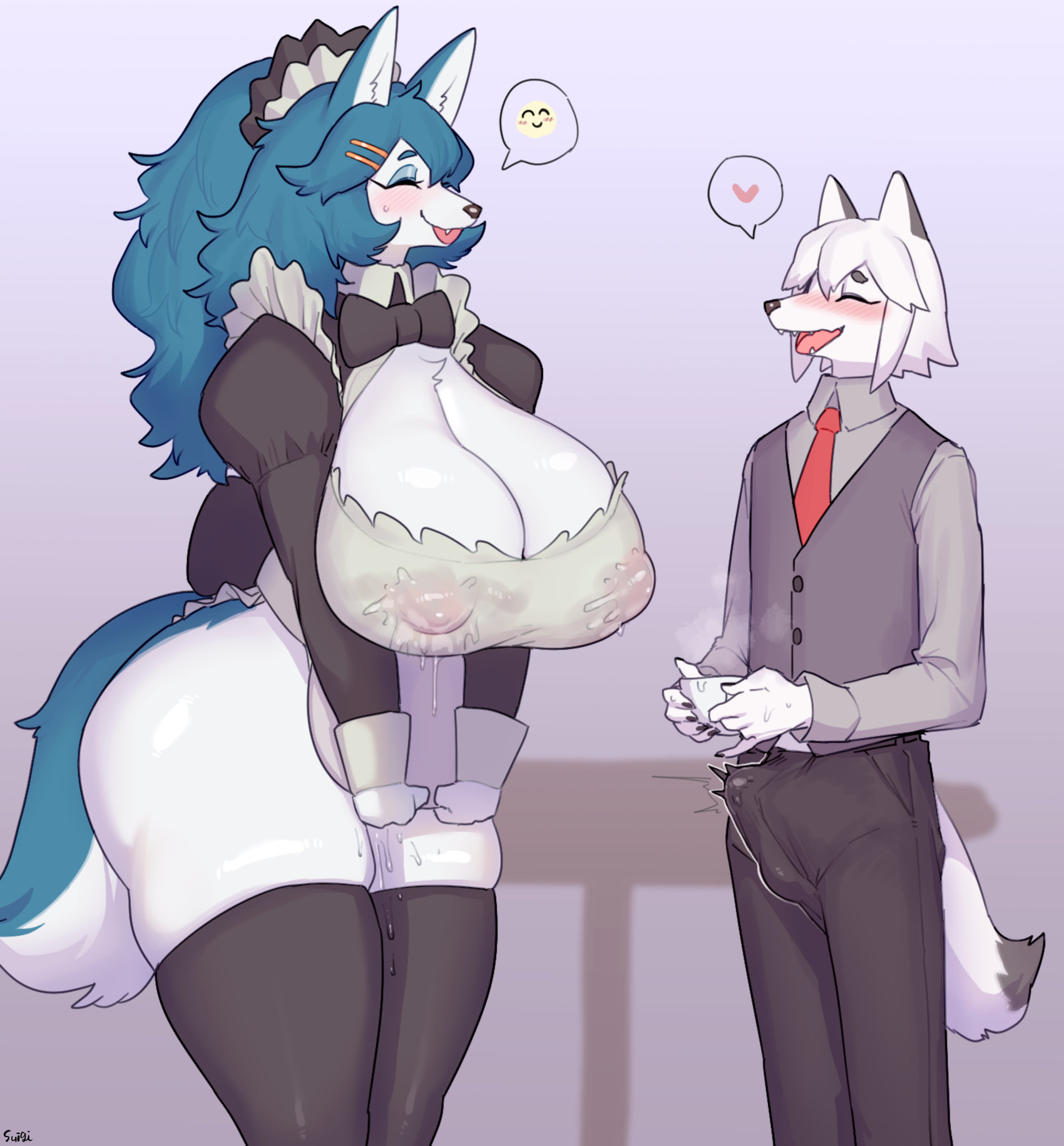 1boy, 1girls, 5 fingers, anthro, beverage, big breasts, blue body, blue fur, blue hair, blush, bodily fluids, breasts, bulge, canid, canine, canis, cleavage, closed eyes, clothed, clothing, curvy figure, duo, erection, eyebrows, female, fingers, fur, furry, genital fluids, grey body, grey fur, hair, heart, hi res, huge breasts, kemono, lactating, lactating through clothing, larger female, legwear, long hair, maid, maid uniform, male, mammal, multicolored body, multicolored fur, nipple outline, nipples visible through clothing, open mouth, original, original character, original characters, pictographics, pussy, pussy juice, signature, simple background, squish, standing, stockings, sususuigi, sweat, tagme, thick thighs, thigh highs, thigh squish, thighhighs, two-tone body, two-tone fur, uniform, unnamed character, voluptuous, wet, wet clothing, white body, white fur, white hair, wide hips, wolf, wolf maid (sususuigi)