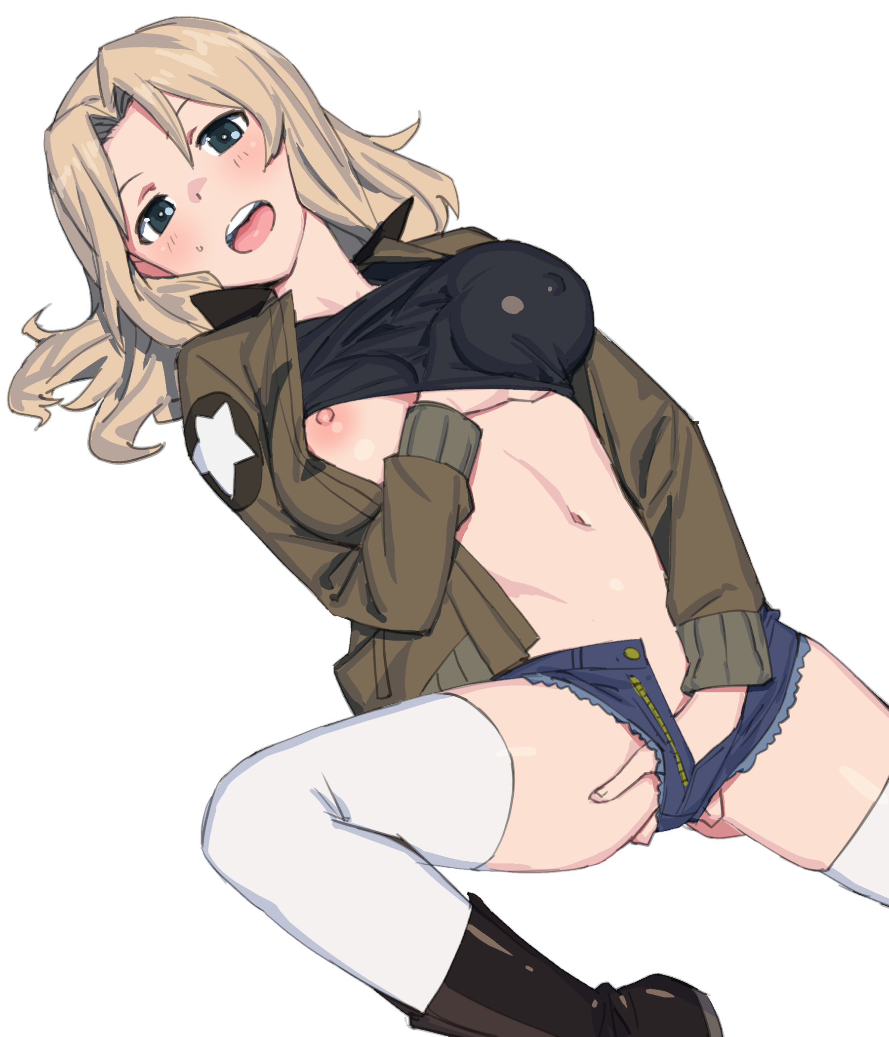 black tank top, blonde hair, bomber jacket, boots, breast grab, breasts, clothes lift, covered nipples, denim, denim shorts, female, female masturbation, fingering, girls und panzer, grabbing, highres, jacket, kay (girls und panzer), long hair, looking at viewer, lying, masturbation, masturbation through clothing, midriff, navel, nipples, no bra, on back, one breast out, onsen tamago (hs egg), shirt lift, shorts, solo, tank top, thighhighs, white legwear