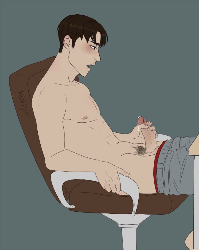 1boy attack_on_titan blush brown_eyes brown_hair brown_pubic_hair chair cropped freckles grey_shorts heikijin male_only marco_bodt masturbation precum red_boxers