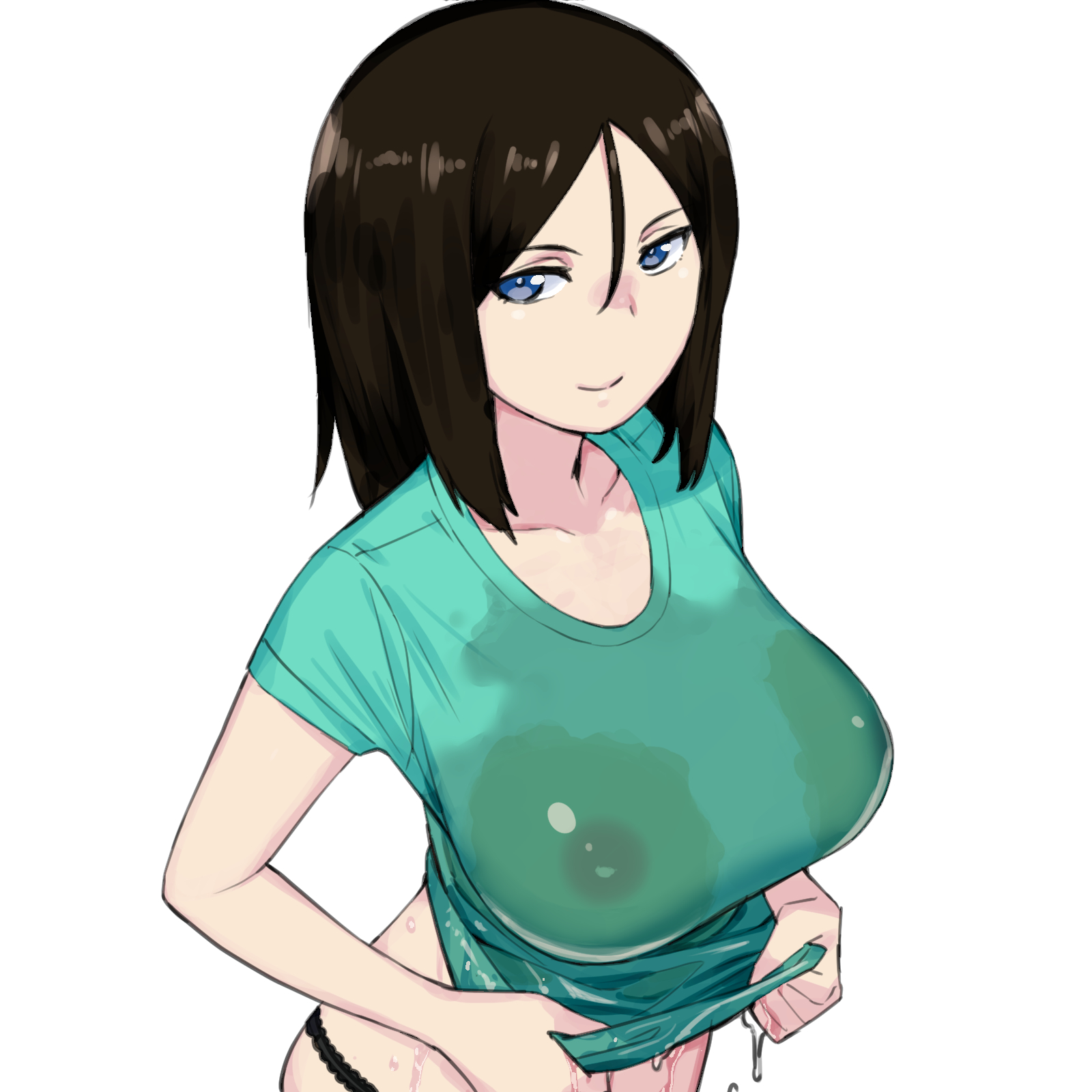 black hair, blue eyes, breasts, covered nipples, female, girls und panzer, highres, large breasts, long hair, nonna (girls und panzer), onsen tamago (hs egg), see-through, shirt, solo, t-shirt, upper body, wet, wet clothes, wet shirt, white background