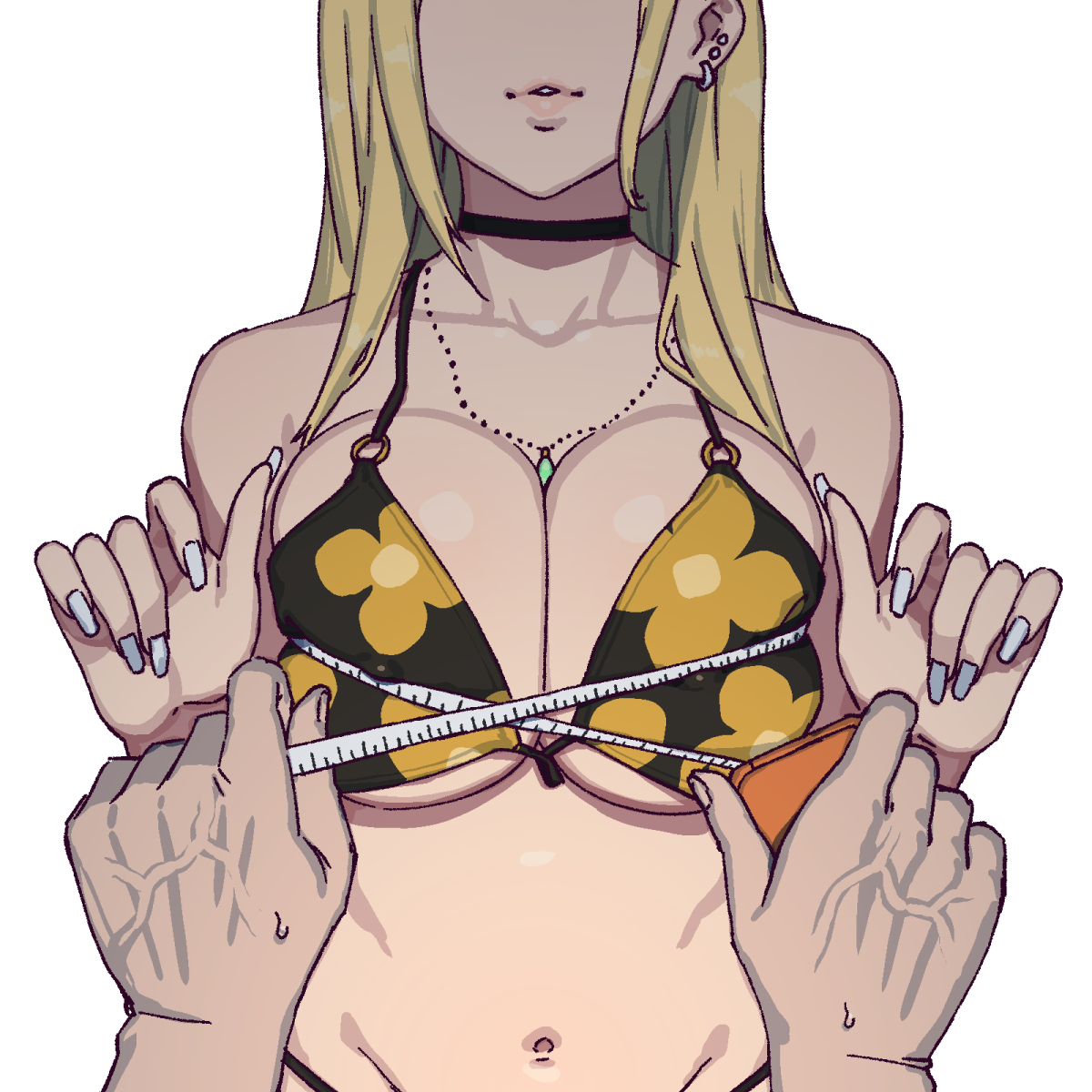 1boy, bare shoulders, bikini, bikini top only, blonde hair, breast squeeze, breasts, choker, cleavage, ear piercing, female, gojou wakana, gyaru, head out of frame, highres, jewelry, kitagawa marin, large breasts, long hair, male, measuring, measuring breasts, nail polish, navel, necklace, onsen tamago (hs egg), out of frame, parted lips, piercing, pink lips, pov, pov hands, simple background, sono bisque doll wa koi wo suru, stomach, sweatdrop, swimsuit, tape measure, underboob, upper body, veiny hands, white background, white nails